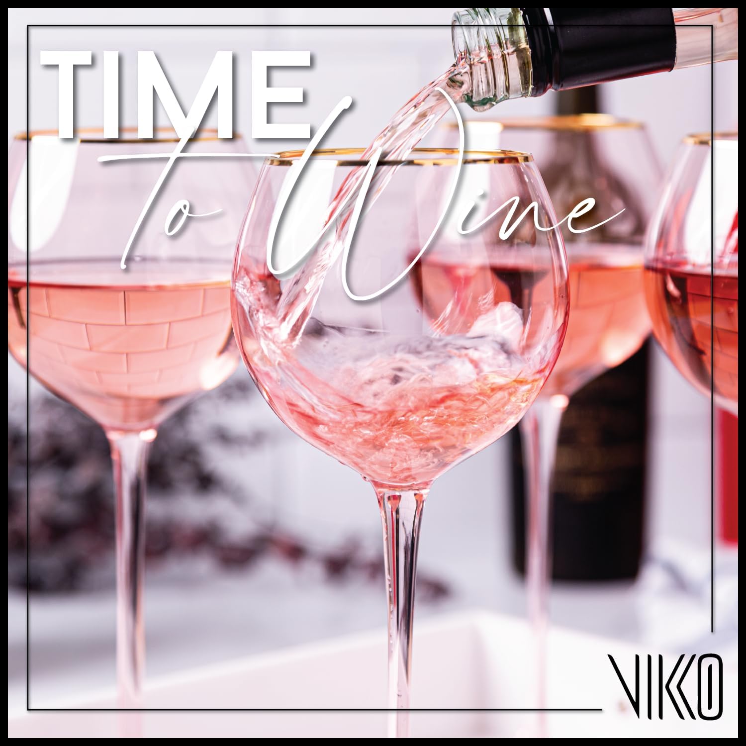 Vikko Copas de vino, copa de vino rosa de 17 onzas con borde dorado, juego de 4 copas de vino con tallo para vino tinto y blanco, copas de vino de