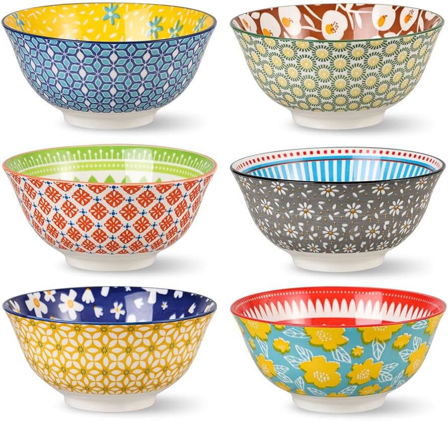 Juego de cuencos de porcelana para cereales, cuencos de cerámica para cocina, de 23 onzas, 6 juegos de cuencos coloridos con patrones lindos –