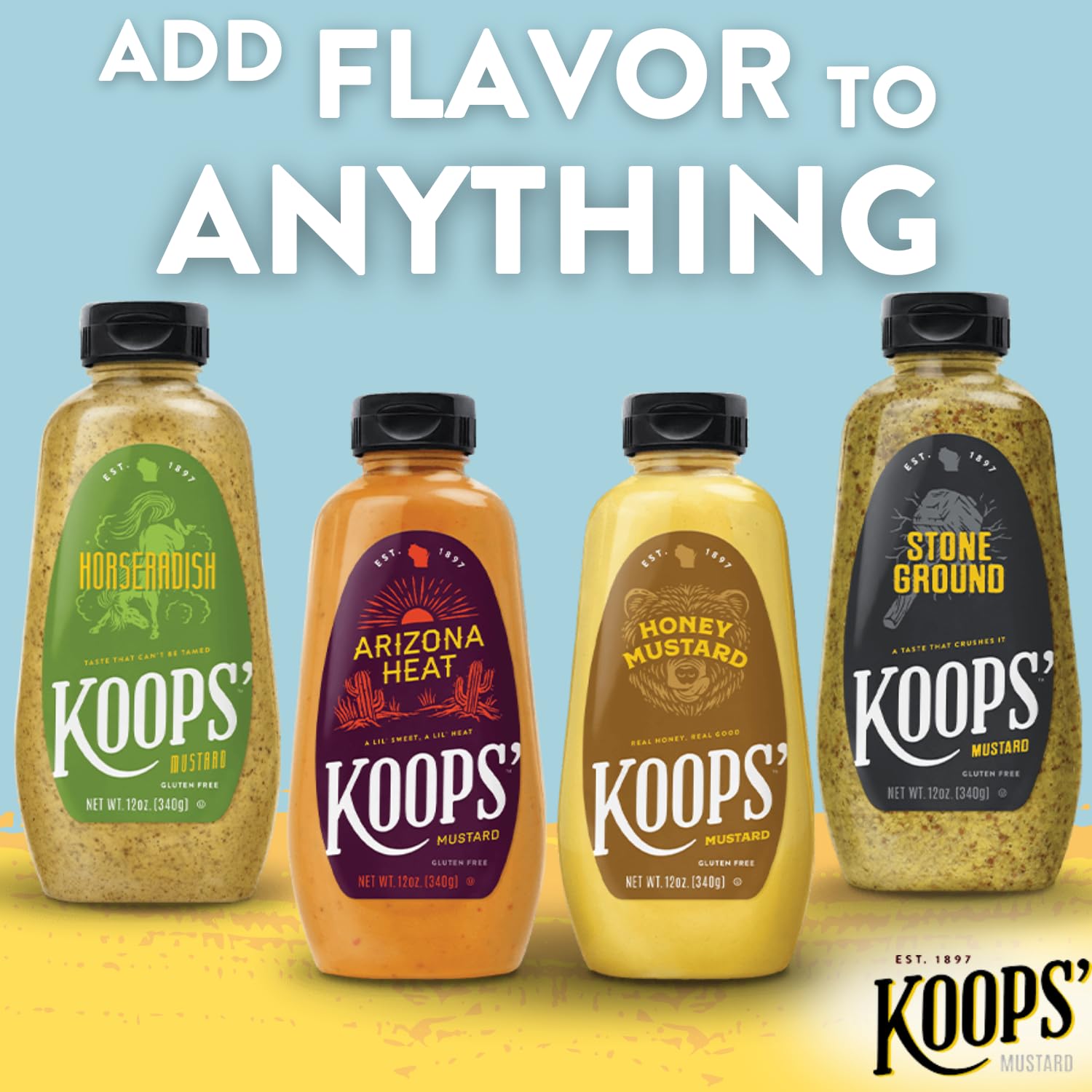 Koops’ Fan Favorites Paquete variado de mostaza, rábano picante, calor de Arizona, mostaza de miel y tierra de piedra, sin gluten, kosher, fabricado