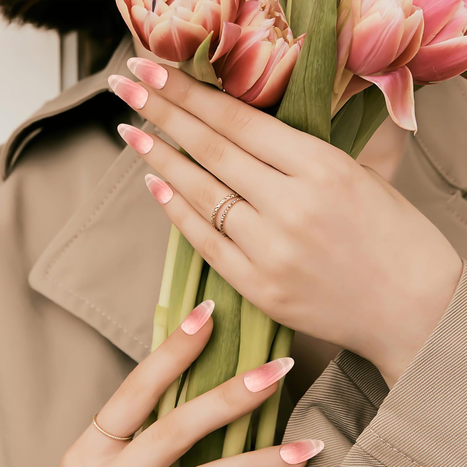 Kuiini Mov Uñas postizas a presión, ojos de gato, uñas con pegamento, kit de uñas de gel de 24 piezas Miss Galaxy Almond a presión, kit de uñas