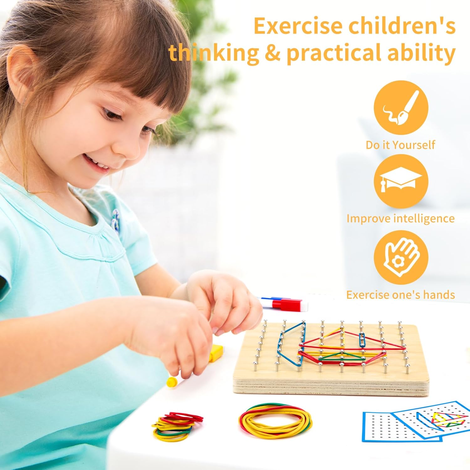 Geoboard de madera, juguete Montessori, juguete gráfico de educación matemática para niños con tarjetas de patrón y bandas de goma para figuras y