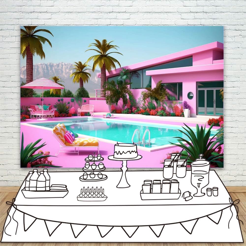 Telón de fondo de casa de ensueño de princesa Dolly de 7 x 5 pies, fondo tropical de casa de playa Malibú, feliz cumpleaños para niños, de vinilo al