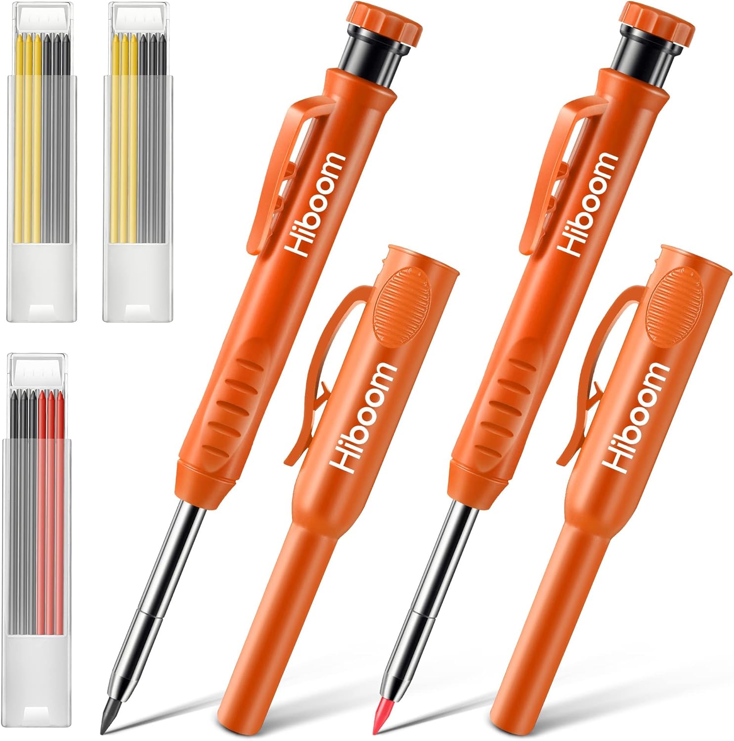 Hiboom Paquete de 2 lápices de carpintero sólidos con tapa y 18 repuestos, marcador mecánico de punta larga con agujero profundo, herramienta de