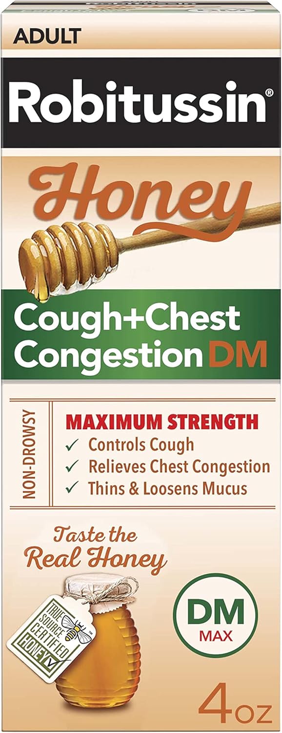 Robitussin Honey Maximum Strength DM para tos + congestión del pecho – Medicamento para aliviar la tos y congestión hecho con sabor real a miel,