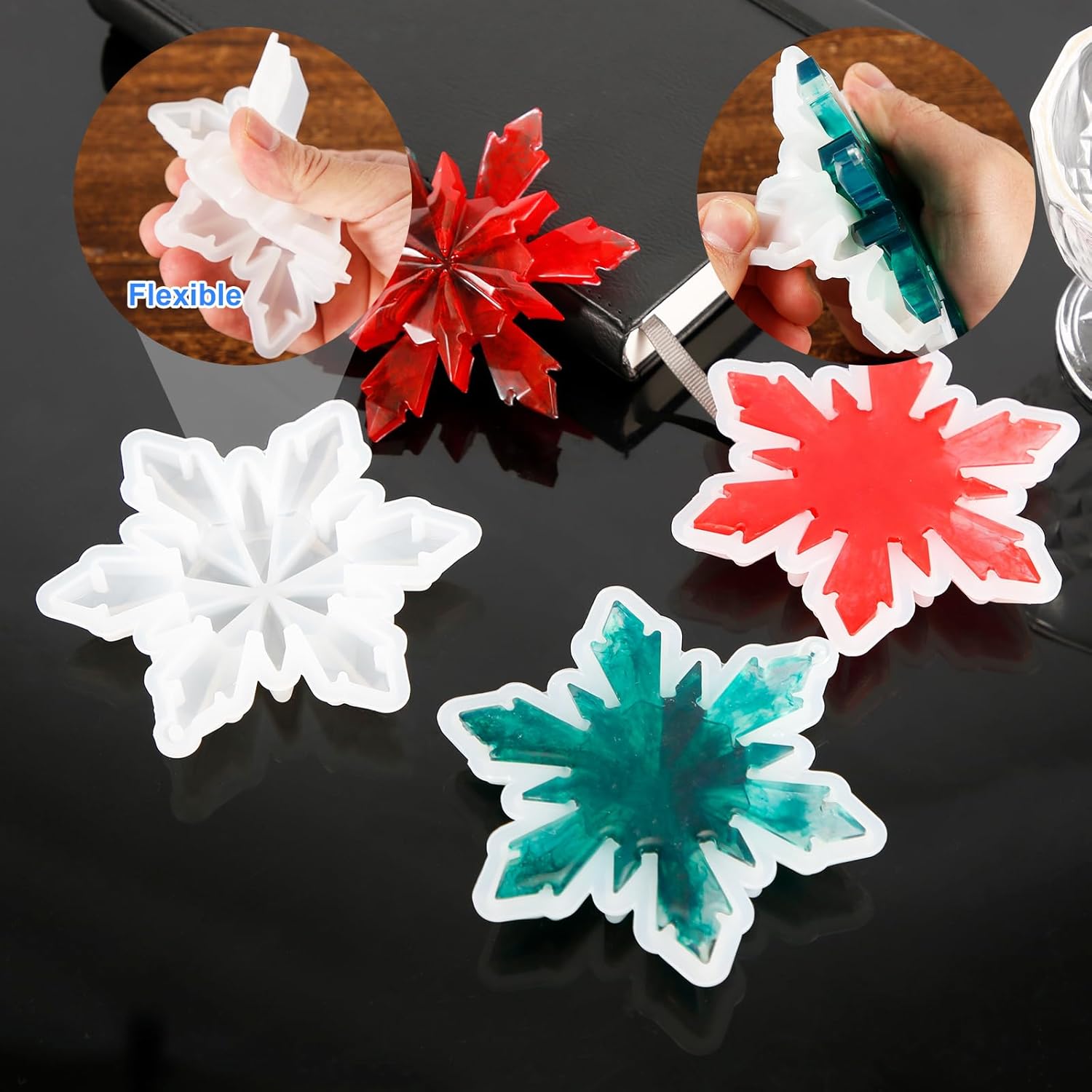 4 moldes de resina de silicona con forma de copo de nieve 3D, moldes de resina para colgante de Navidad, molde de silicona de Navidad para árbol de