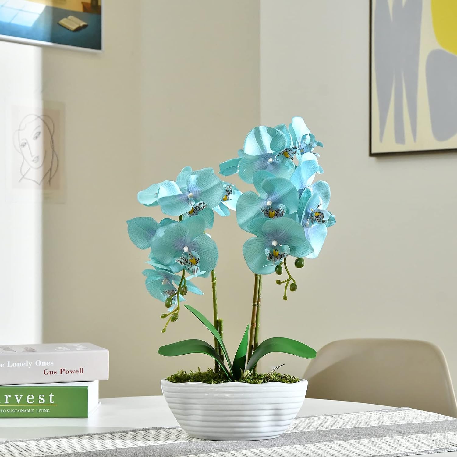 Planta de orquídea artificial grande en maceta, arreglo floral de seda con jarrón de cerámica, azul dorado