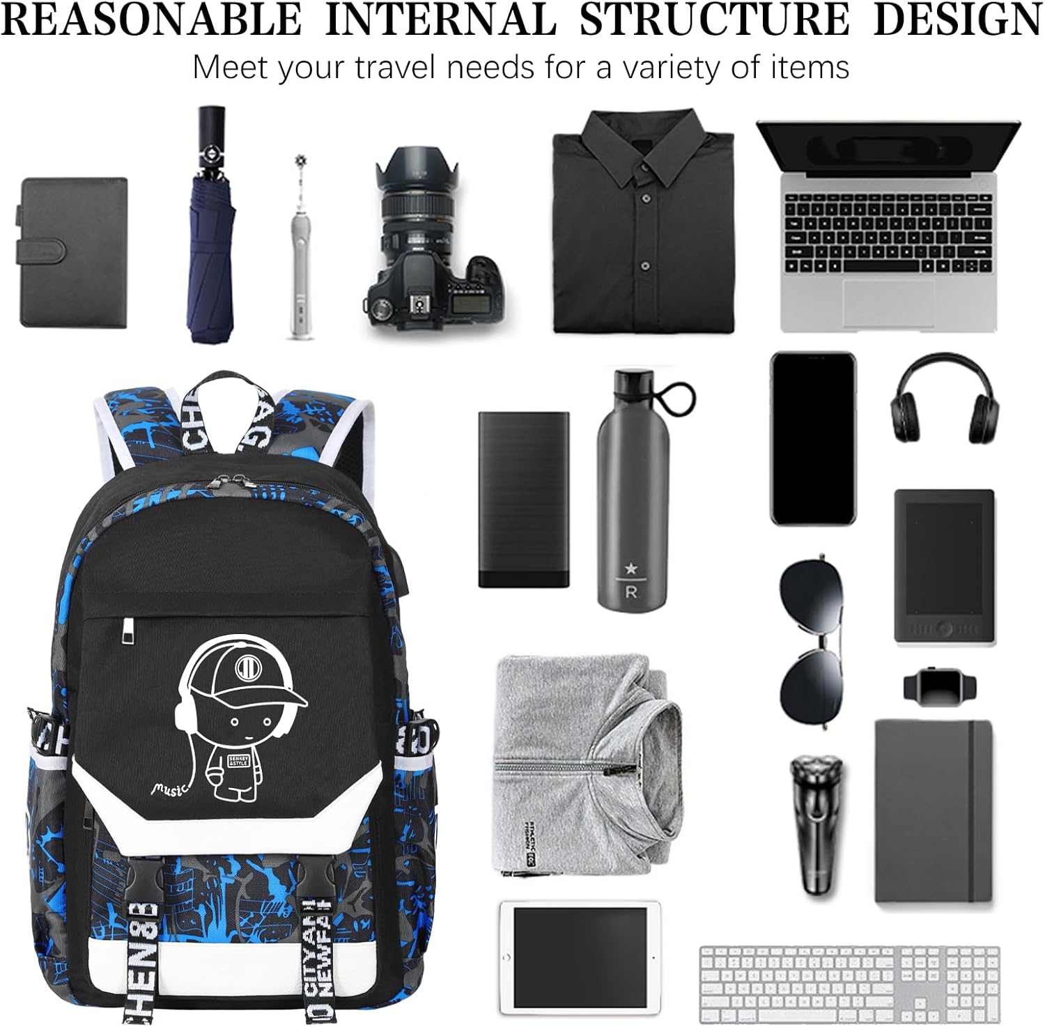 Mochila luminosa para niños, mochila para laptop de 15.6 pulgadas con EE. UU, Azul, Mochila luminosa