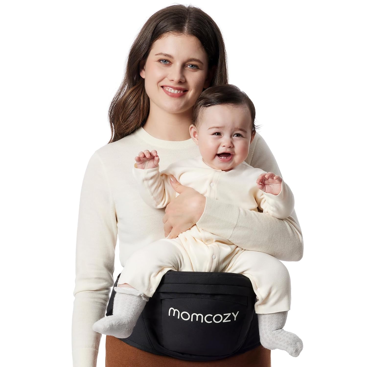Momcozy Portabebés con asiento de cadera, cintura ajustable con protector de vientre 3D original, portabebés ergonómico con varios bolsillos para