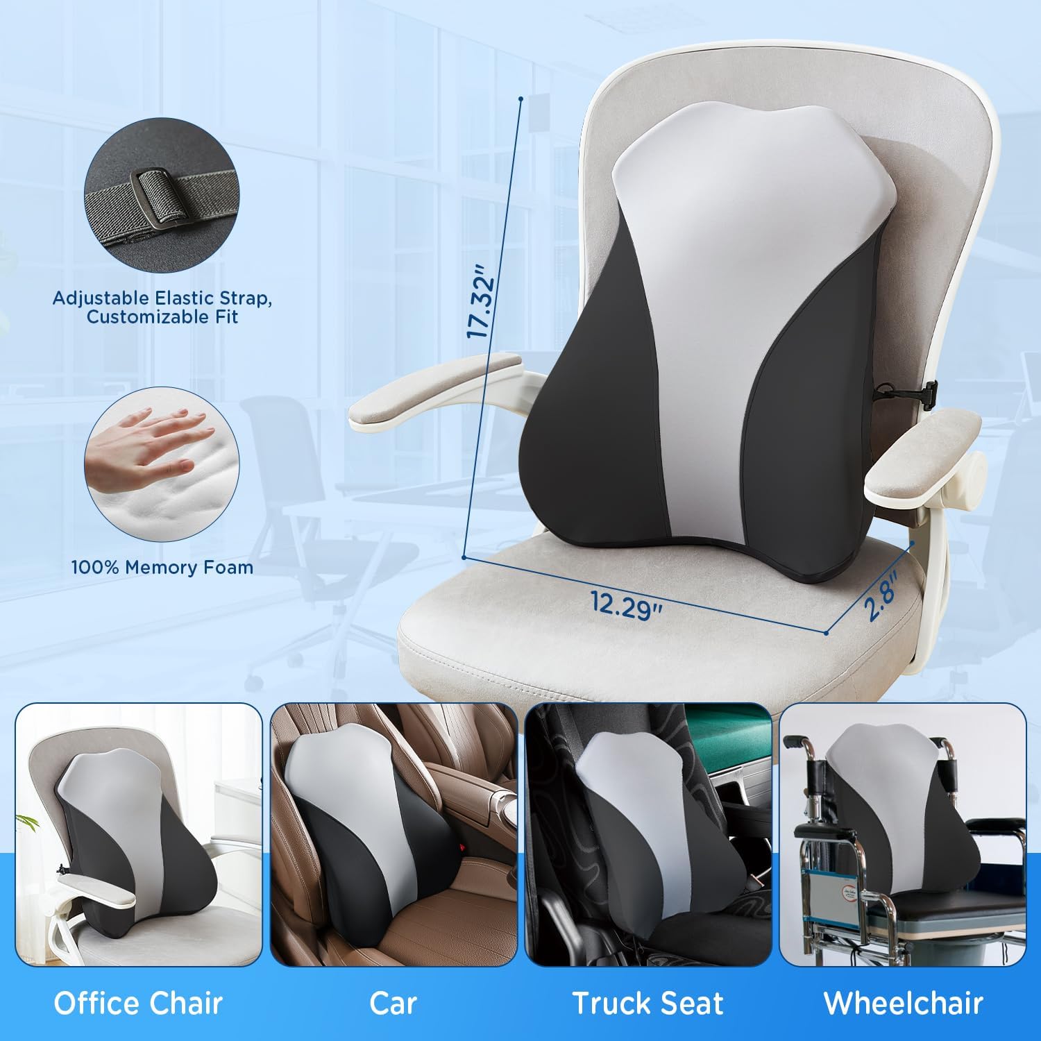 Almohada de apoyo lumbar para silla de oficina, automóvil, soporte de espalda de espuma viscoelástica para aliviar el dolor de espalda, cojín de