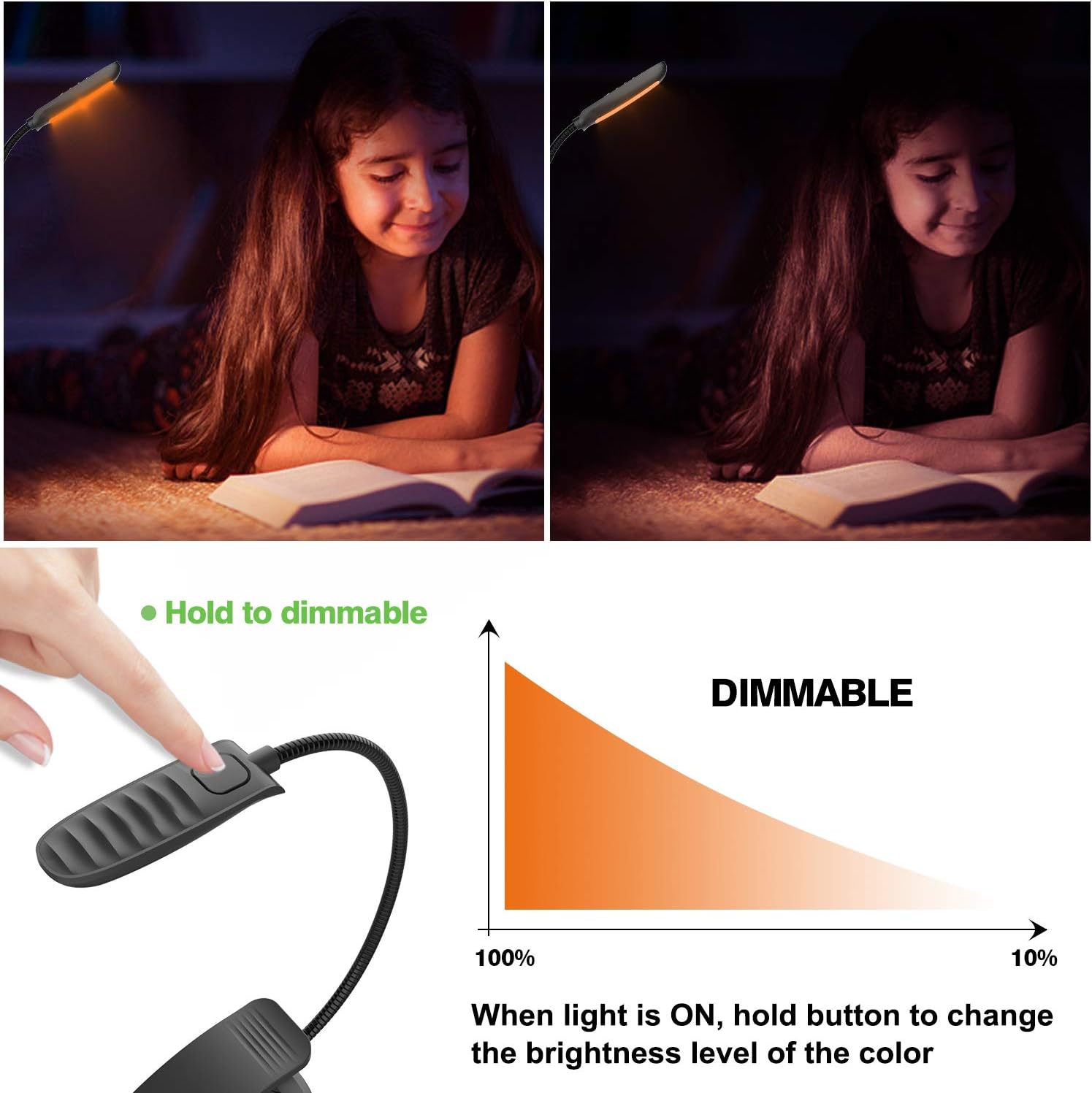 BIGMONAT – Luz de lectura para libro, luz de noche recargable, color ámbar recargable, cuello plegable portátil, USB o funciona con pilas, luz de