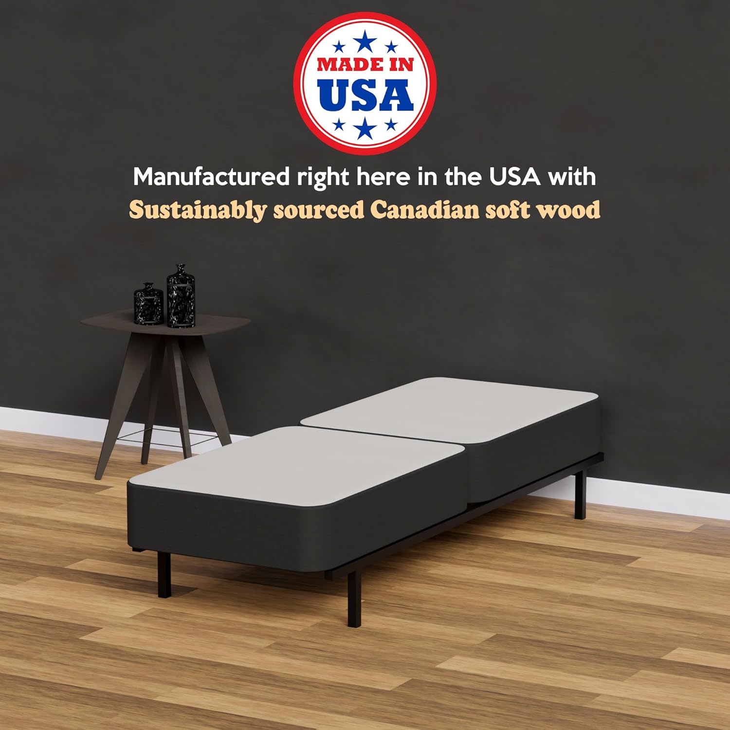Somier resistente de 4 pulgadas para soporte de colchón, duradero y totalmente montado, base de madera natural para individual XL, negro