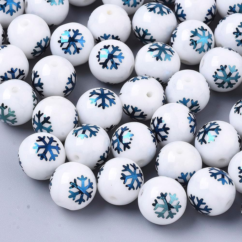 Beadthoven – 20 cuentas de copo de nieve de Navidad de 0.394 pulgadas (0.394 in), cuentas redondas de vidrio blancas de copo de nieve de Navidad,