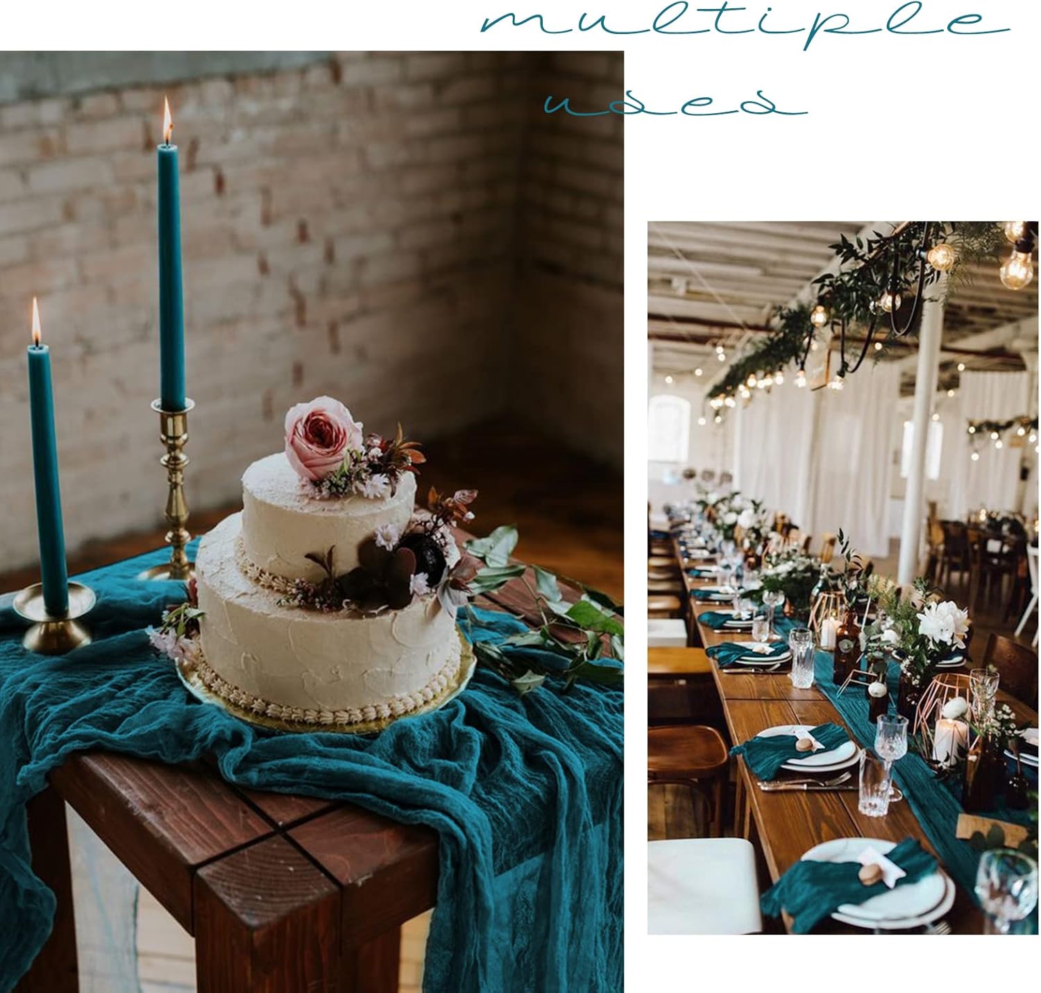 Paquete de 6 caminos de mesa de gasa semitransparentes color verde azulado de 10 pies, mantel de gasa bohemio rústico para decoración de bodas,