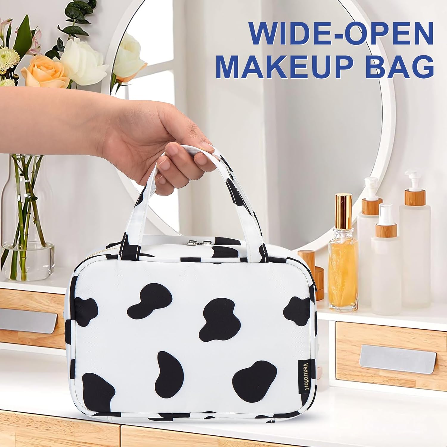 Bolsa de maquillaje, pequeñas bolsas de cosméticos de viaje portátiles para mujeres con organizador de brochas y asa, bolsa de maquillaje compacta
