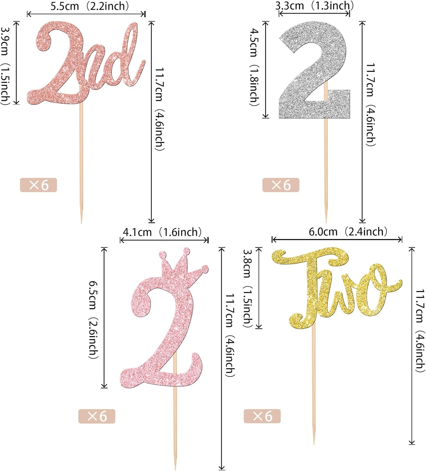 24 piezas de dos adornos para cupcakes con purpurina, dos púas para cupcakes de 2 cumpleaños, número 2, dos palillos para pasteles para baby shower,
