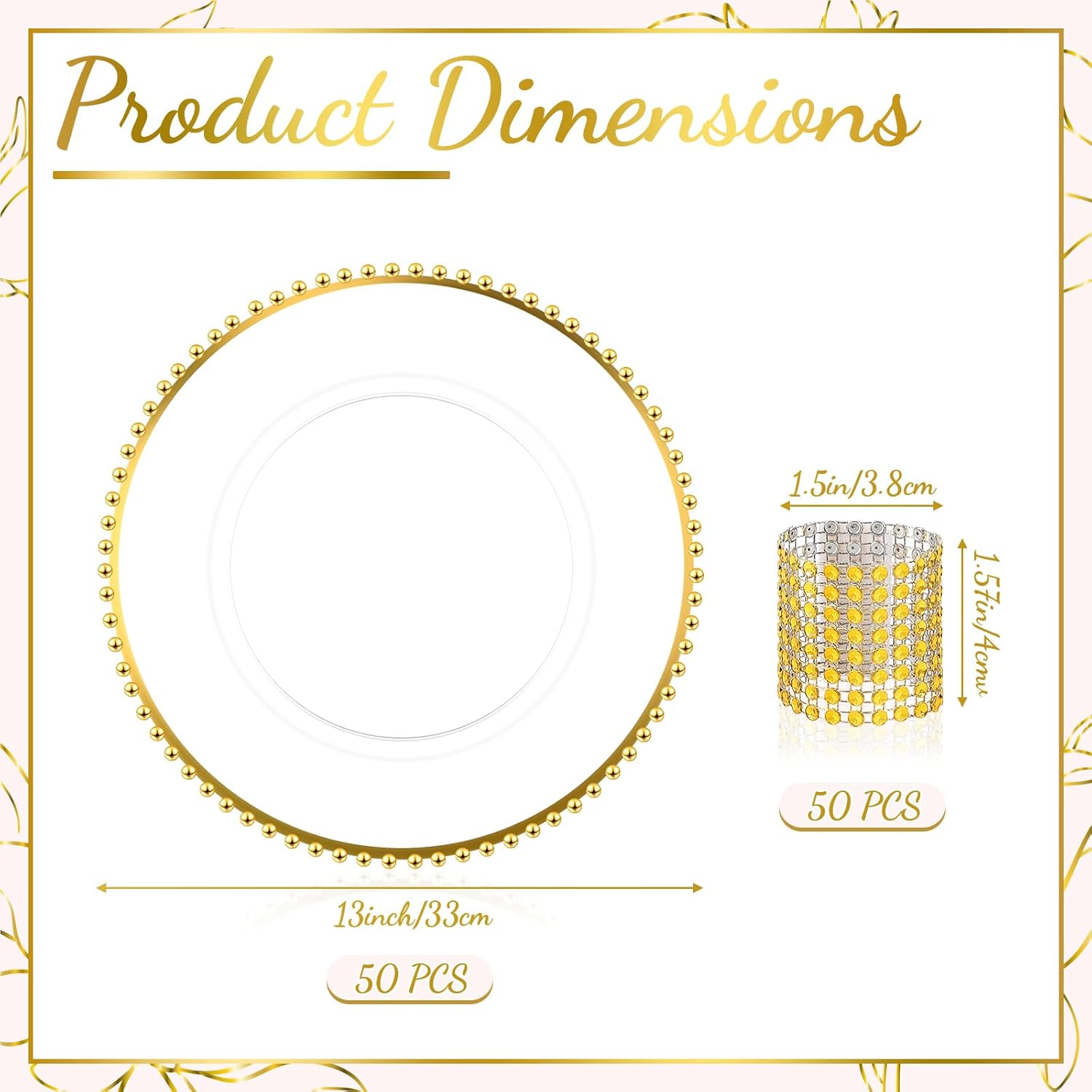 Juego de 50 (100 piezas) de platos de carga y servilleteros dorados transparentes que incluye platos de plástico con cuentas de 13 pulgadas,