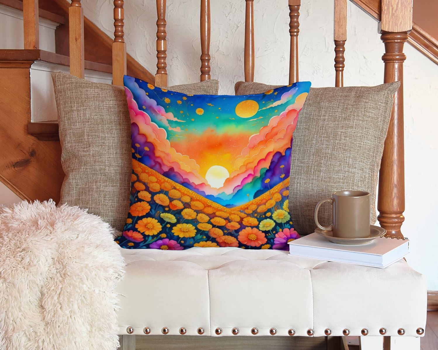 Caroline’s Treasures DAC1975PW1414 – Almohada decorativa de tela de caléndulas coloridas, lavable a máquina, almohada decorativa para interiores y