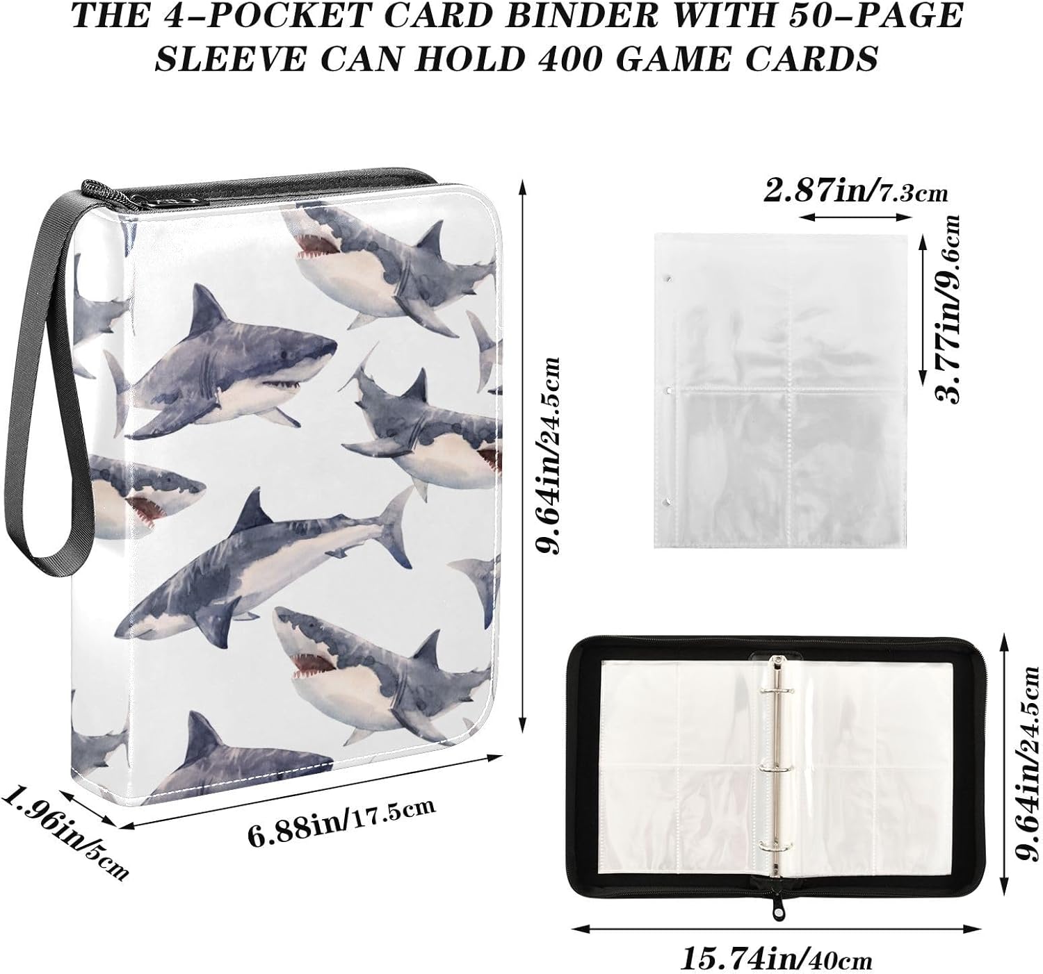 Watercolor Shark Trading Card Binder 4-Pocket Card Holder with 50 Removable Sleeves 3-Ring Card Albums Binder Holds Up to 400 Cards Card Organizer