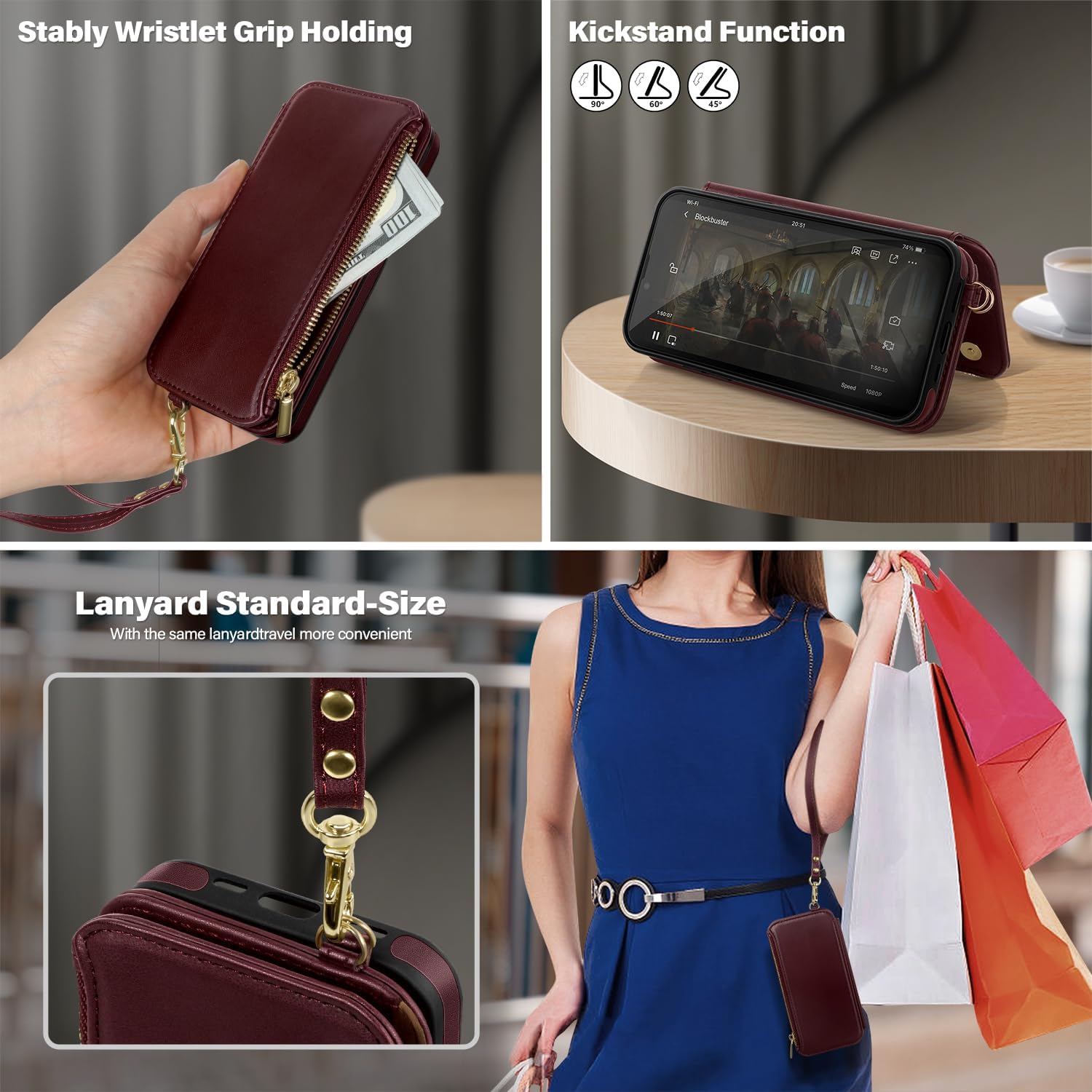 Antsturdy Funda tipo cartera desmontable 2 en 1 para iPhone 15 Plus con MagSafe, bloqueo RFID, magnética, carga inalámbrica, funda de piel