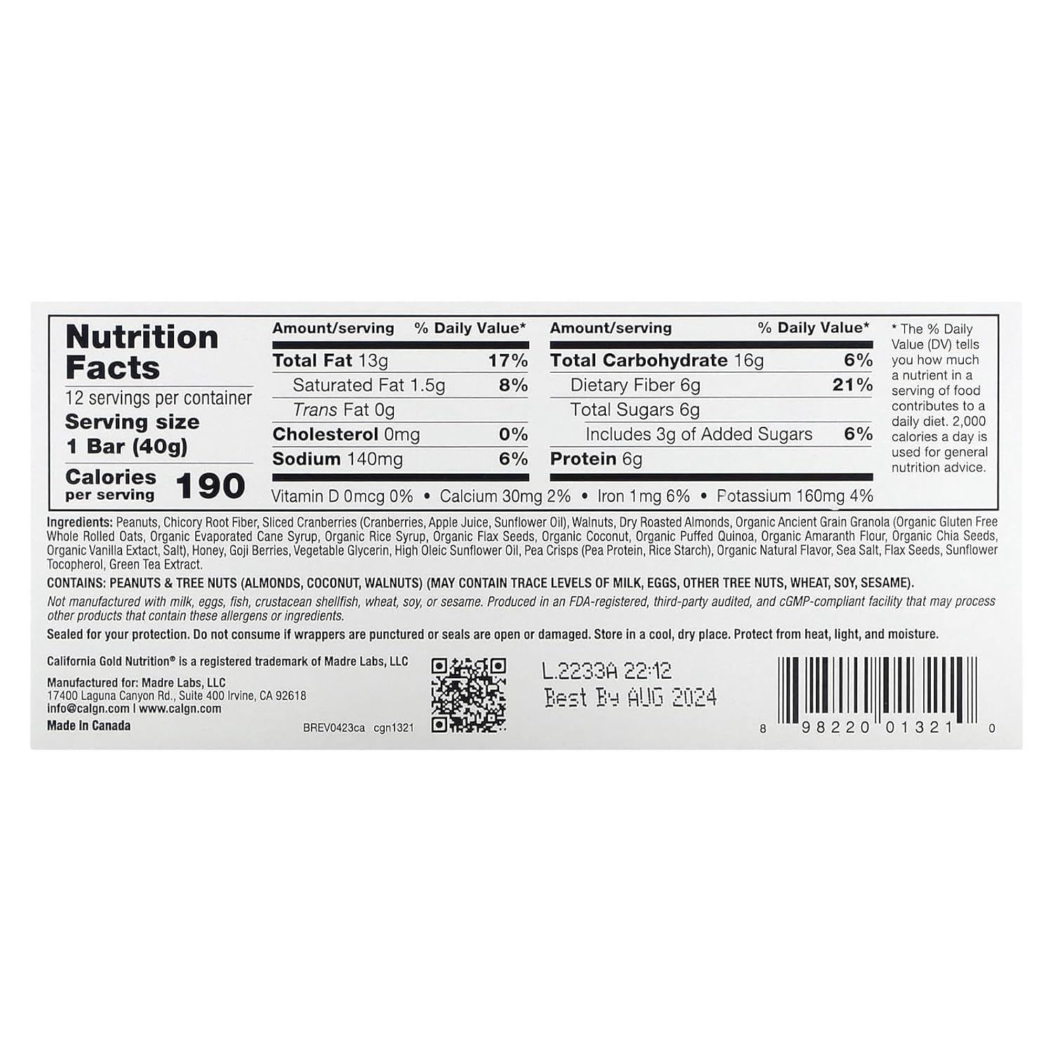 California Gold Nutrition Foods, Barras de granola masticables de arándanos y almendras, 12 barras, 1.4 oz (40 g) cada una