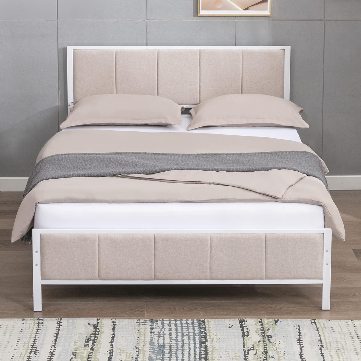 BALUS Base de cama tamaño King, plataforma tapizada de lino, marco de cama con cabecera copetuda de canal, no necesita somier, color beige