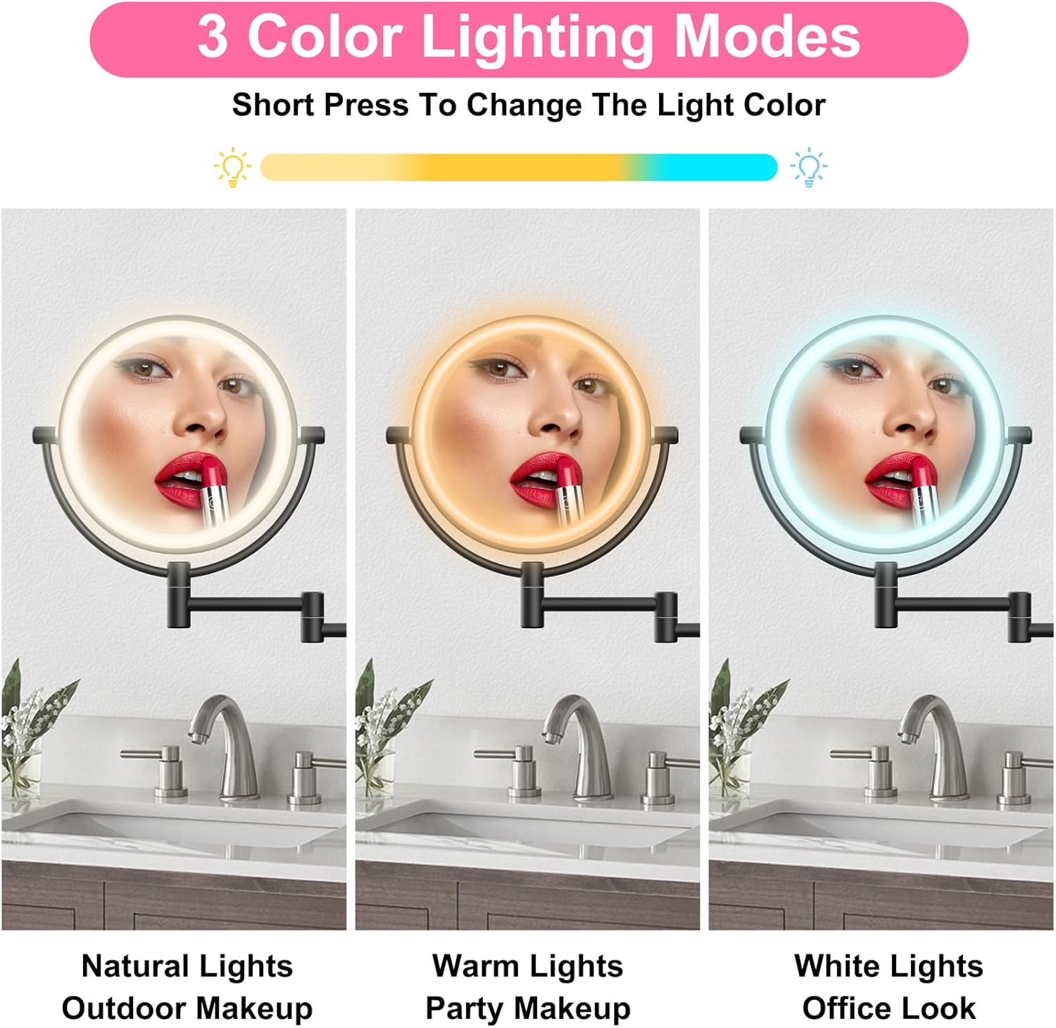 YMHSOLDR Espejo de maquillaje iluminado montado en la pared con 3 luces de color y atenuación continua, espejo cosmético de aumento de doble cara