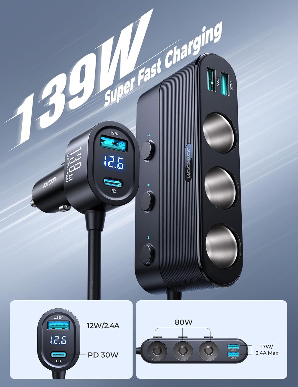 JOYROOM – Divisor de encendedor de cigarrillos 7 en 1, adaptador de cargador de coche de 139 W con carga PD30W (cable de 3.3 pies), adaptador