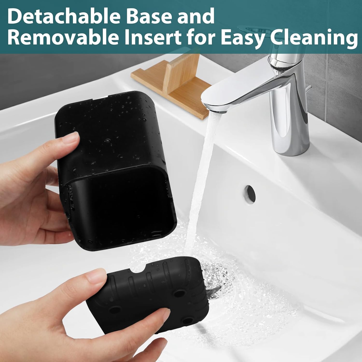 Boperzi Portacepillos de dientes negros para baño, soporte eléctrico para cepillos de dientes con divisor de bambú, cepillo de dientes
