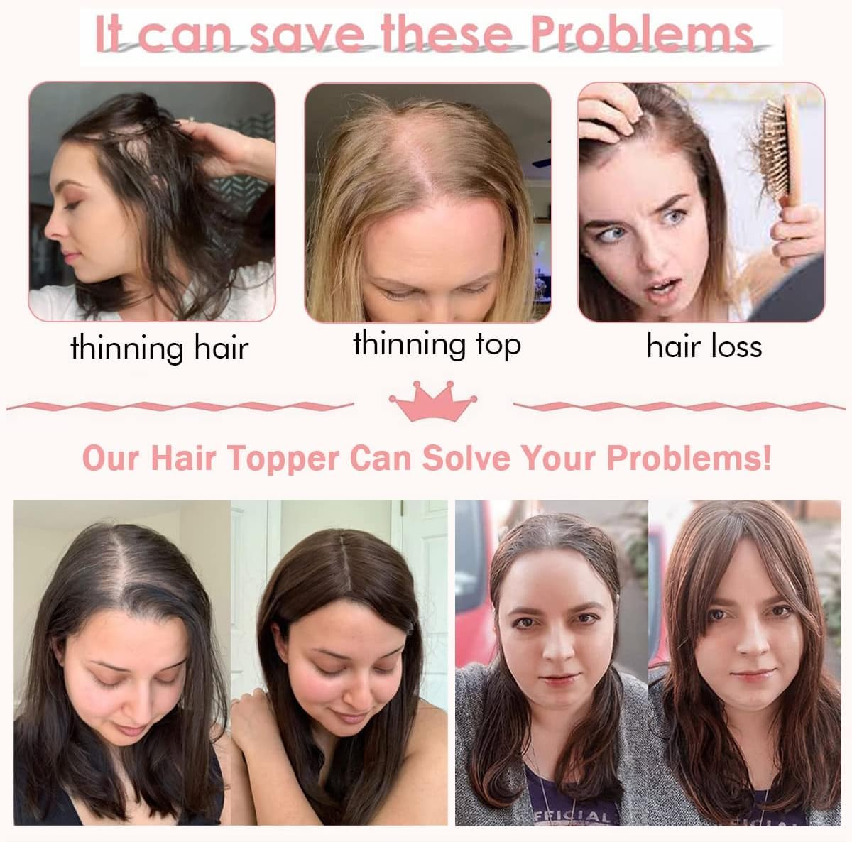 Toppers para el cabello para mujer, 18 pulgadas, peluca para mujer, con flequillo, clips invisibles, pelucas de corona en pieza de cabello sintético