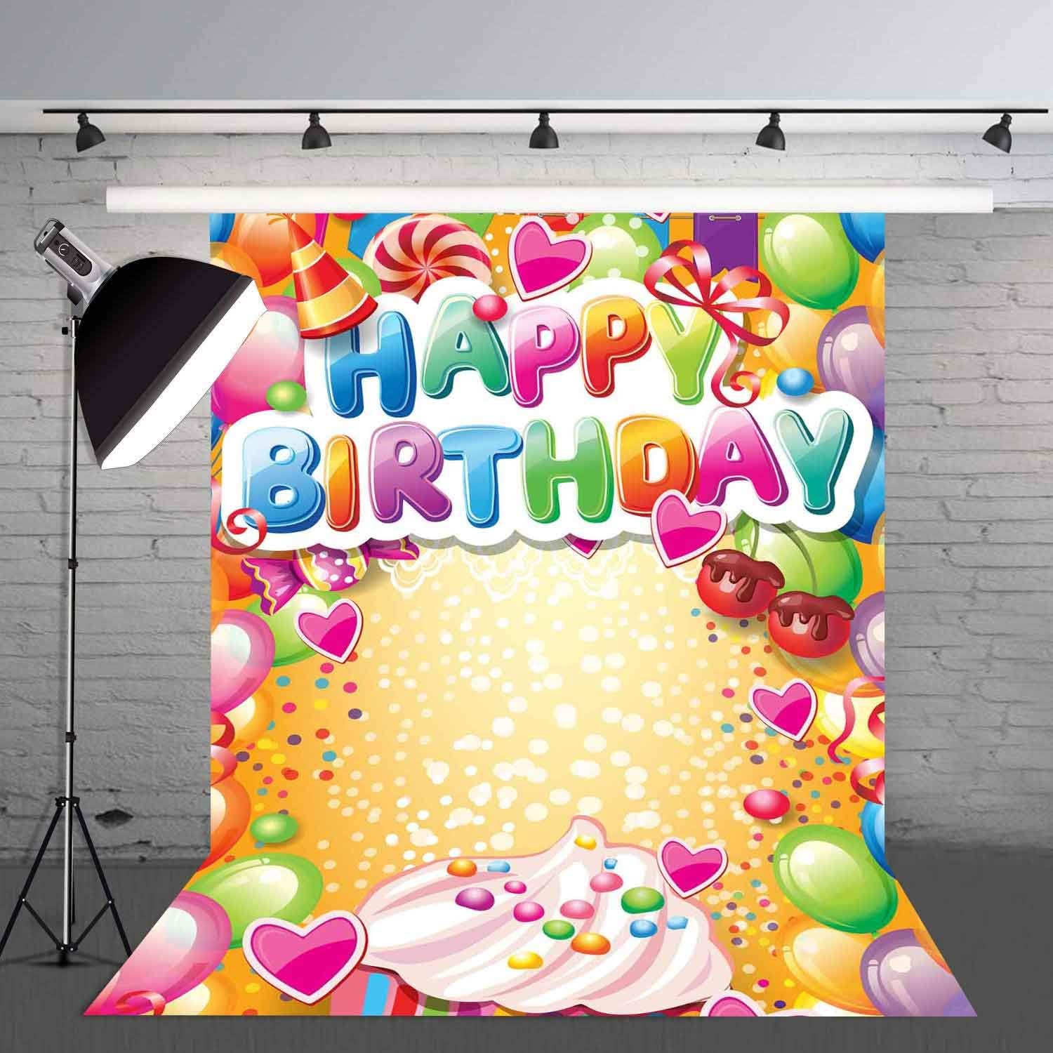 Telones de fondo de fotografía de feliz cumpleaños, globos coloridos de 5 x 7 pies, fondo de fotos de dulces dulces para niños, fiesta temática de