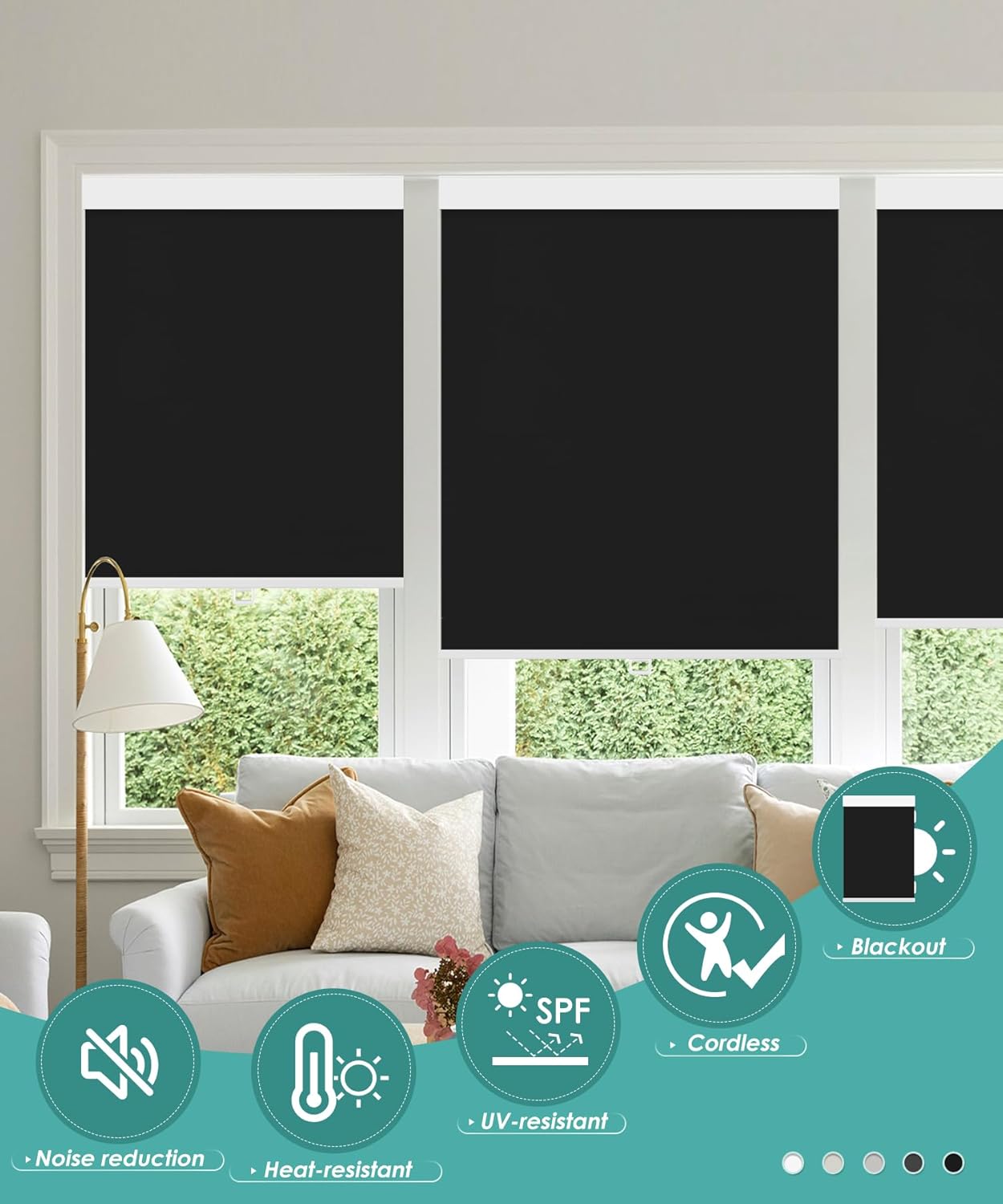 Persianas enrollables opacas para ventanas, 35 x 72 pulgadas, para dormitorio interior, persianas enrollables sin cordón con protección UV para el