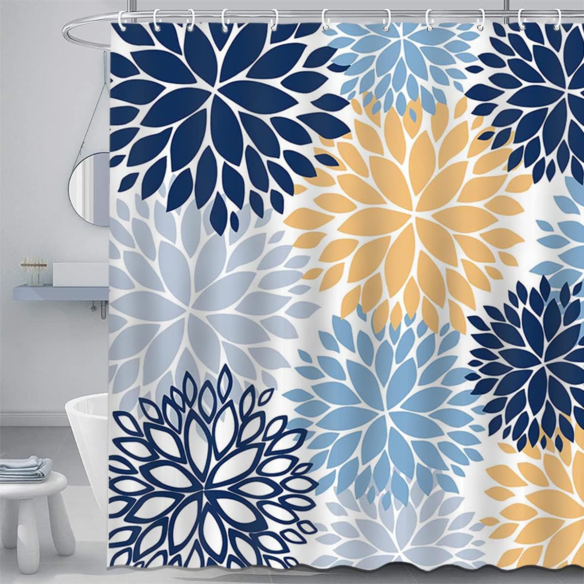 Mocsicka Cortina de ducha con flores de dalia azul, amarillo y azul marino, cortina de ducha floral de primavera para baño con 12 ganchos, 72 x 72