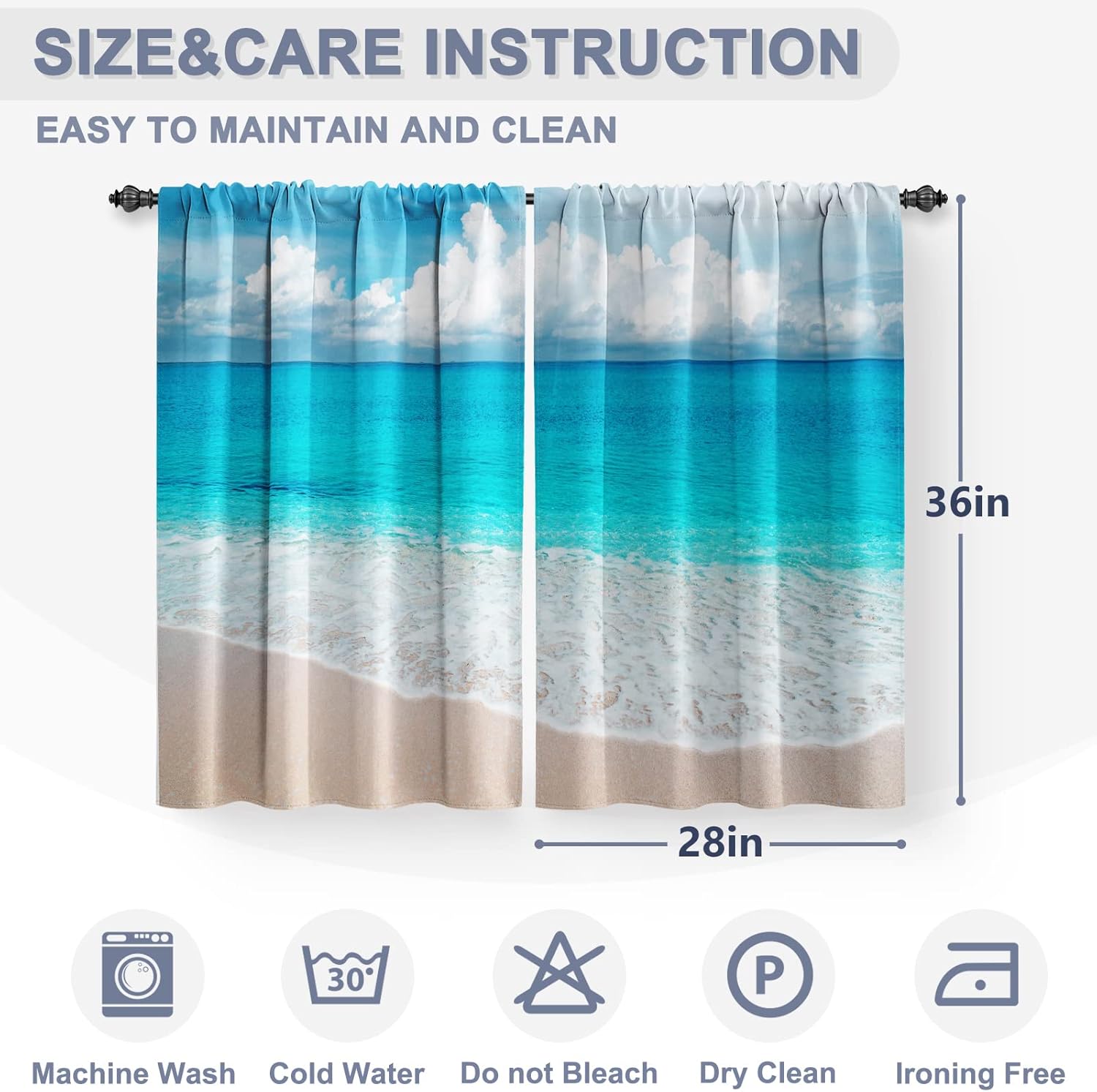 Jekeno Cortinas de cocina con estampado de playa y océano, color azul de verano, vista de mar tropical, cielo, playa, decoración del hogar,
