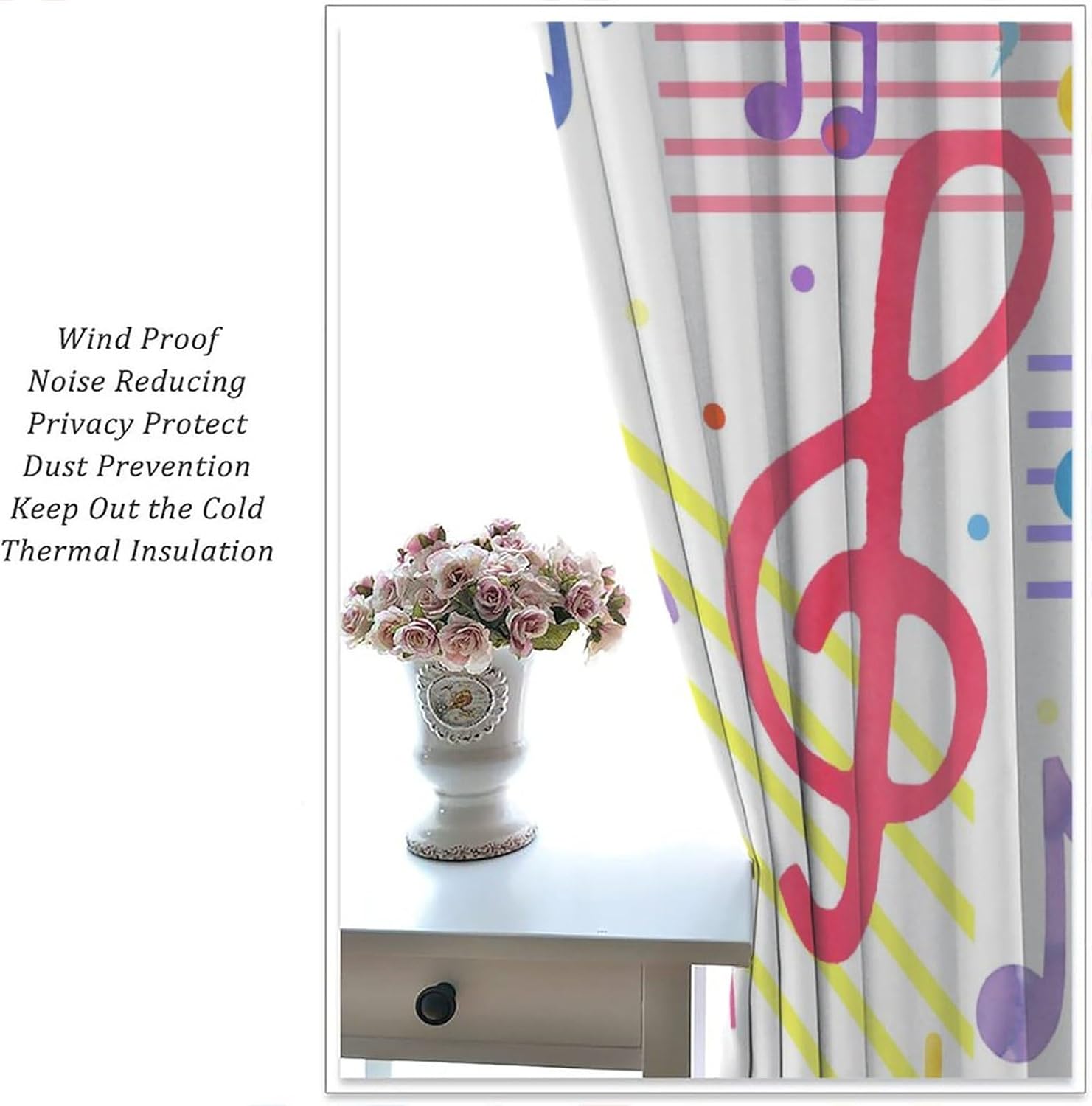 Cortinas con notas temáticas musicales, coloridas y abstractas modernas, con estampado de símbolos de música moderna, cortinas opacas con