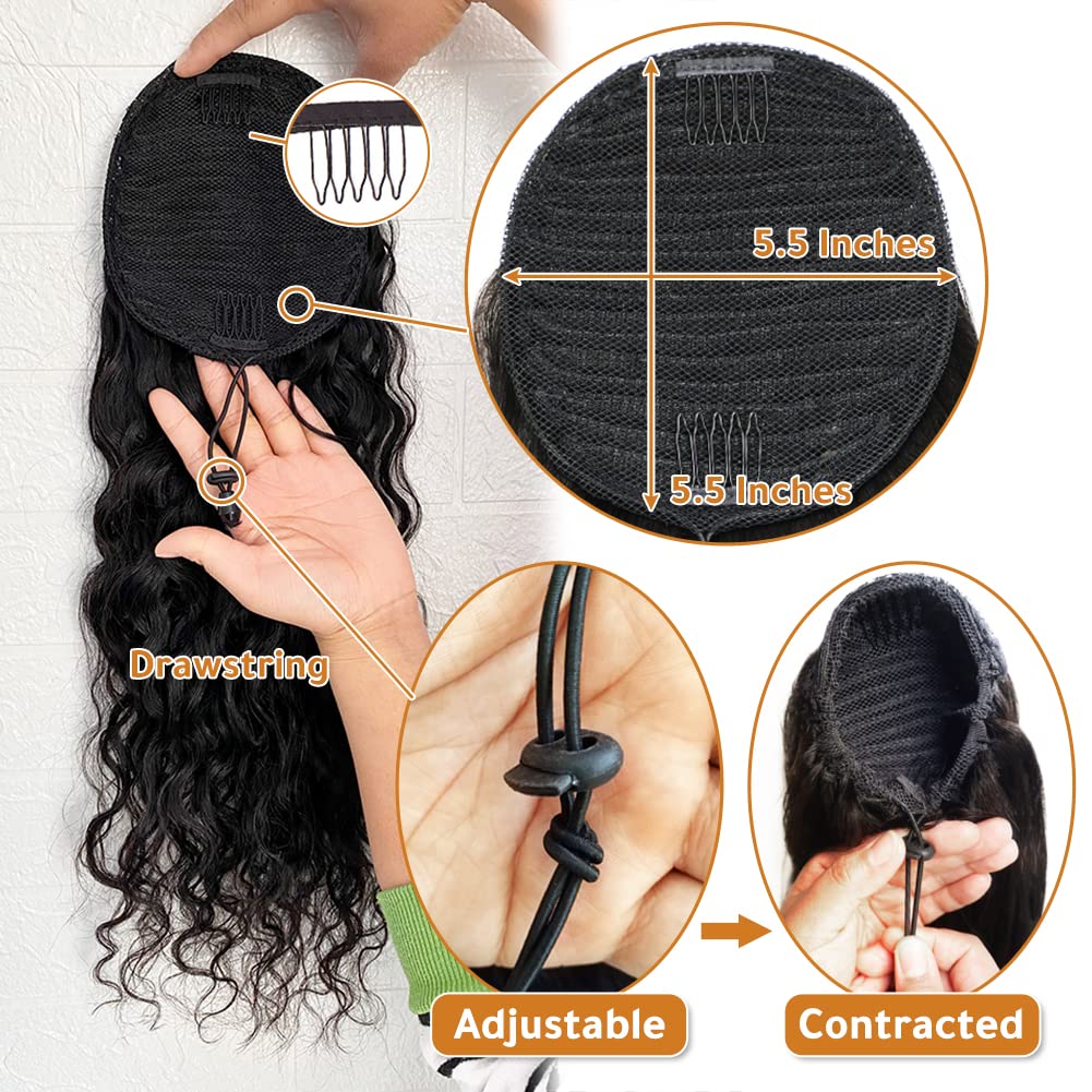 Alisfeel Extensiones de cola de caballo de cabello humano ondulado natural para mujeres negras, extensión de cola de caballo con cordón, 3.53 onzas
