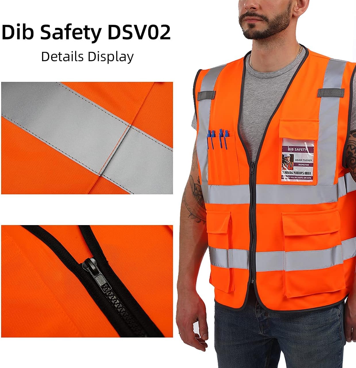Chaleco de seguridad reflectante de alta visibilidad, clase 2 ANSI, con bolsillos y cremallera, ideal para trabajo en la construcción, de alta