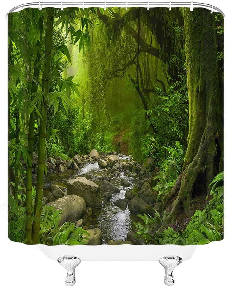 Cortina de ducha de selva tropical, verde selva, bosque, arroyo, plantas exóticas, naturaleza primitiva, naturaleza, paisaje botánico, decoración de