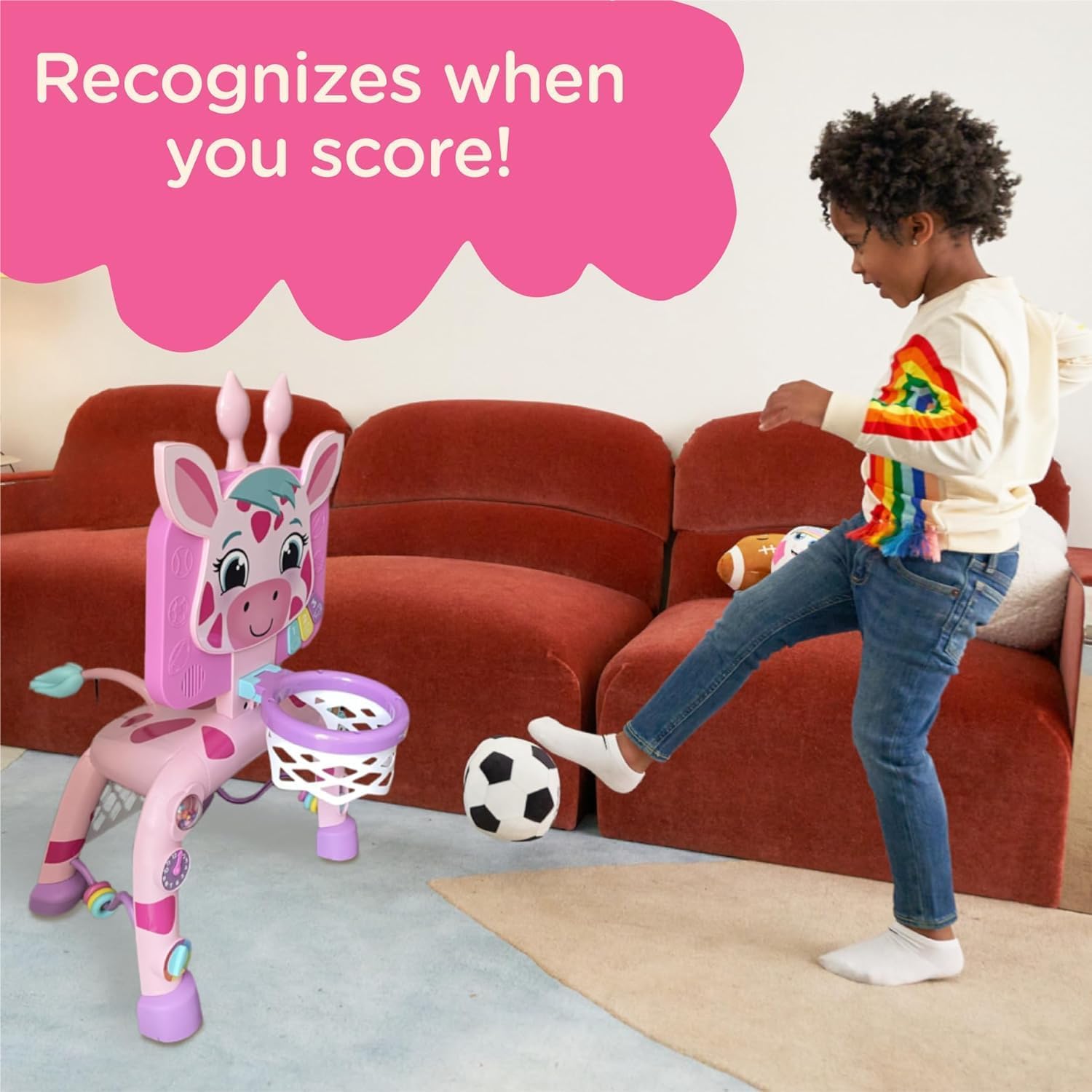 Move2Play, Giraffe Basketball Hoop & Soccer Goal Activity Center  30+ Sounds & Songs + 5 Lights  1 2 3 Year Old Birthday Gift for Boys and Girls