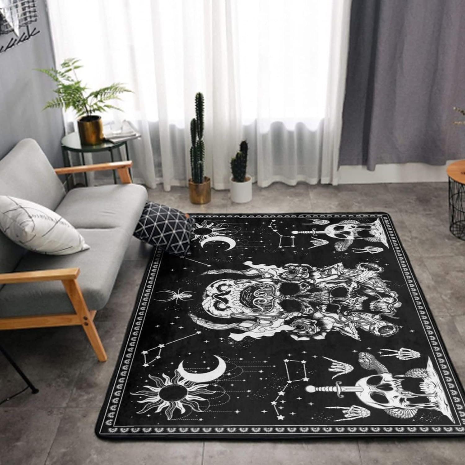 Alfombra decorativa para interiores y exteriores, 60 x 39 pulgadas (diseño de calavera blanca y negra, polilla, esqueleto, mandala, luna, estrella)