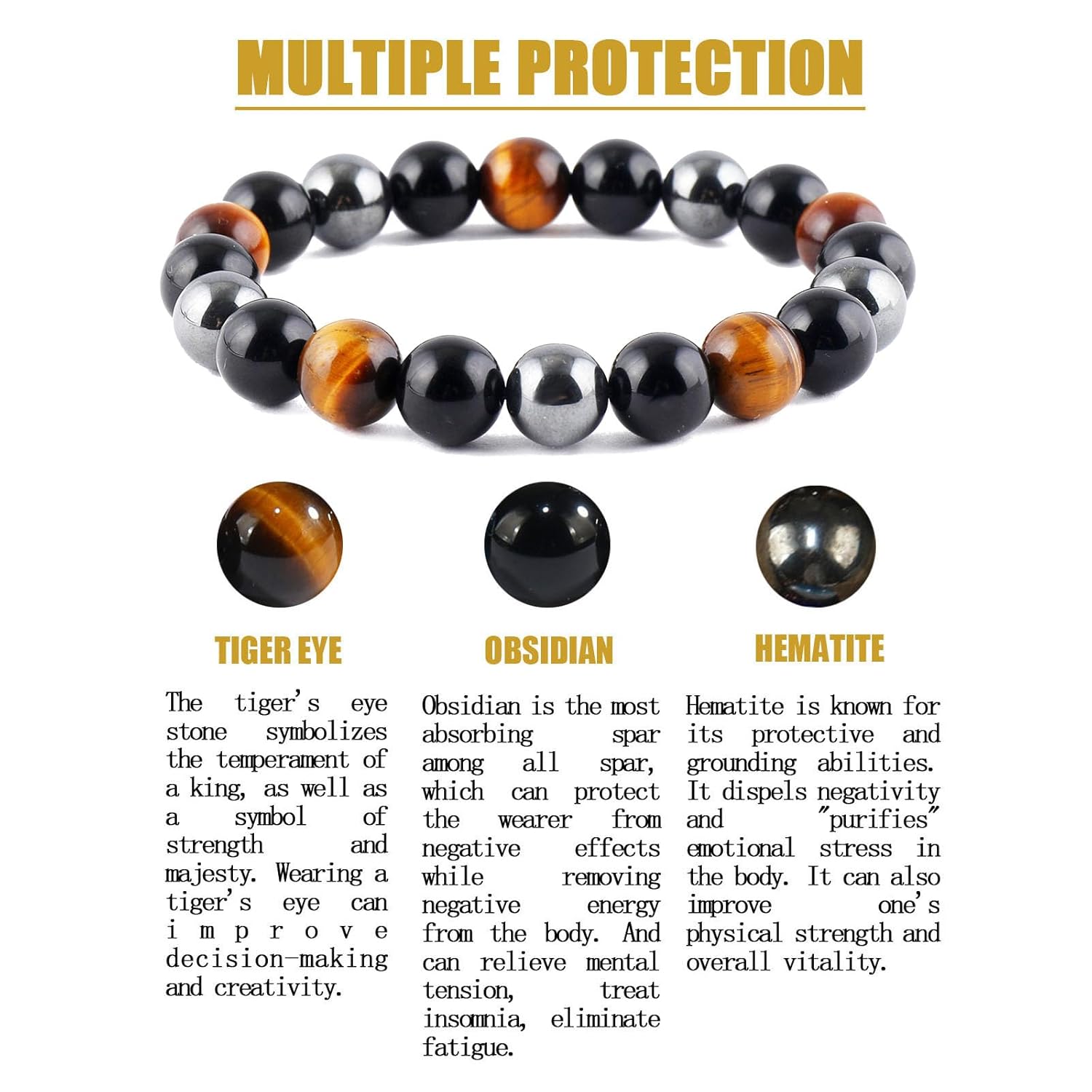 triple protection bracelet tigers eye,hematite, obsidianA handmade beaded crystal healing bracelet that can bring luck, happiness and protection.