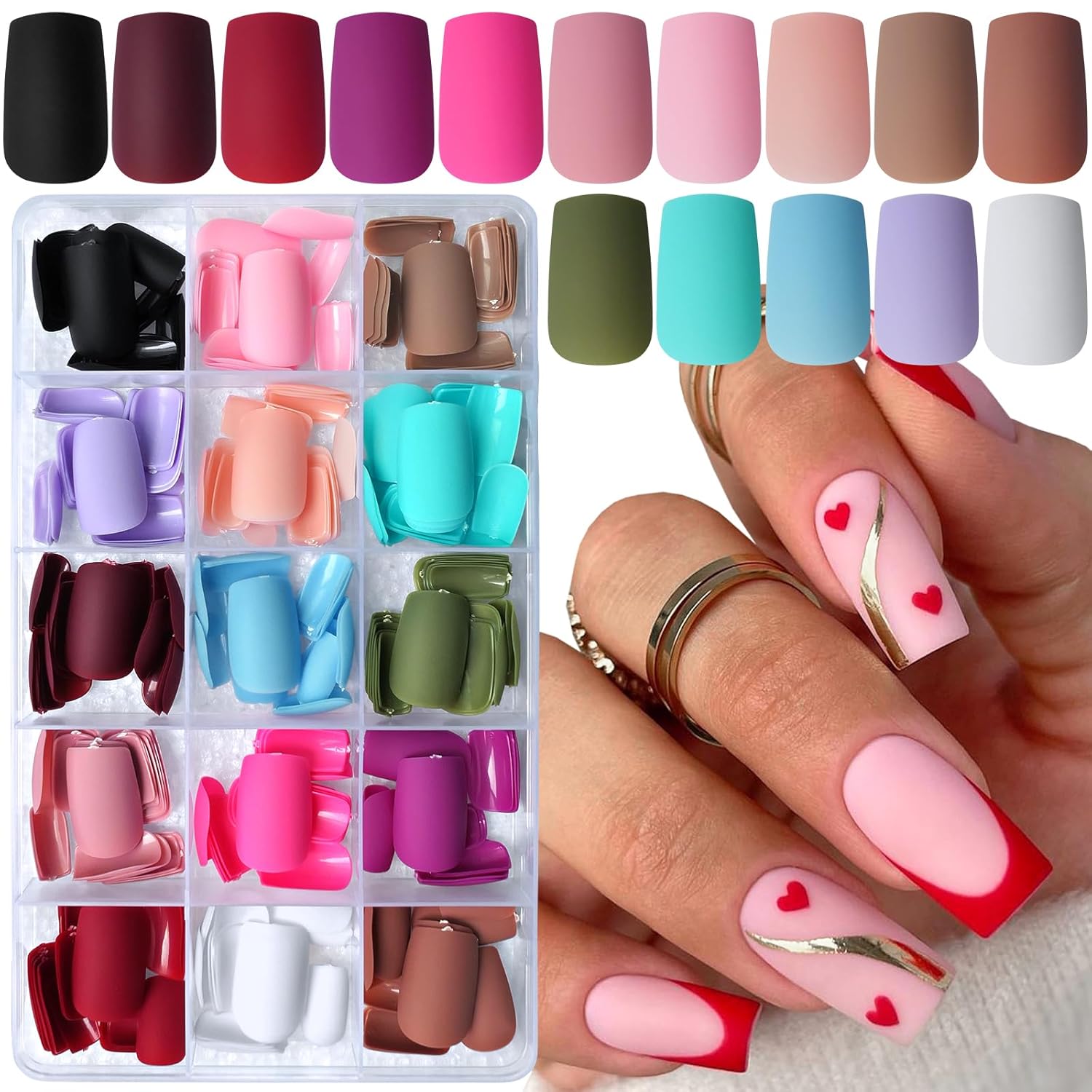 LoveOurHome 360 uñas cuadradas mate a presión, uñas postizas medianas, rectas cuadradas, uñas postizas de colores, uñas postizas acrílicas