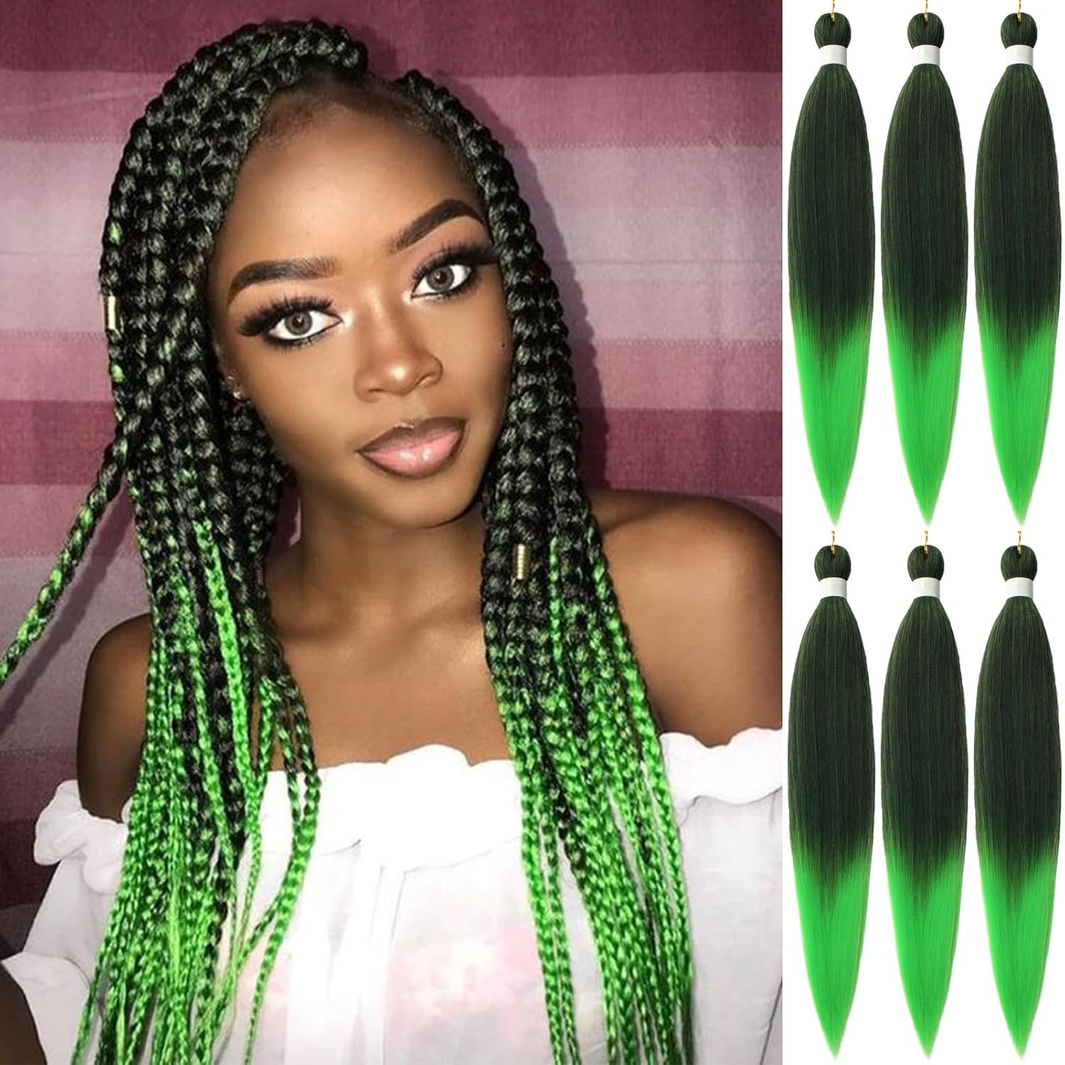 Cabello trenzado preestirado 1bverde neón, extensiones de cabello Kanekalon Box de 26 pulgadas, 6 paquetes de extensiones de cabello trenzado con