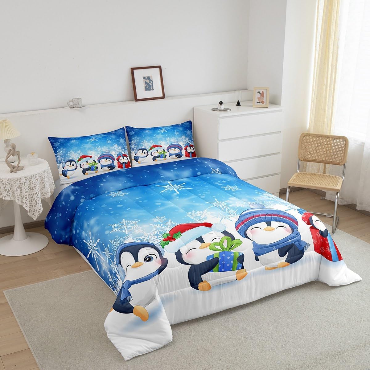 Edredón de pingüinos de dibujos animados para niños, tamaño King, edredón de invierno geométrico abstracto con copos de nieve con 2 fundas de