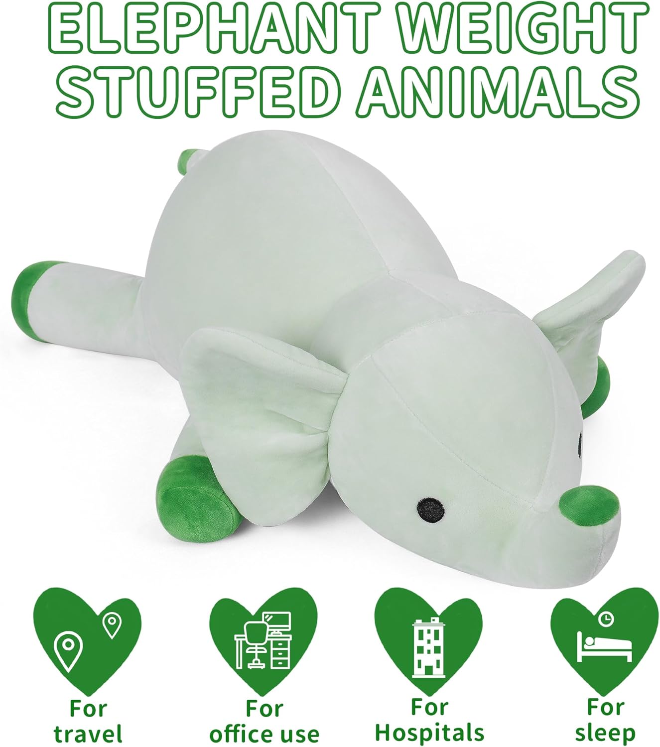 Animales de peluche con peso de elefante verde de 24 pulgadas, 4.2 libras, bonito juguete de felpa con peso, cómodo regalo para niños y adultos (24