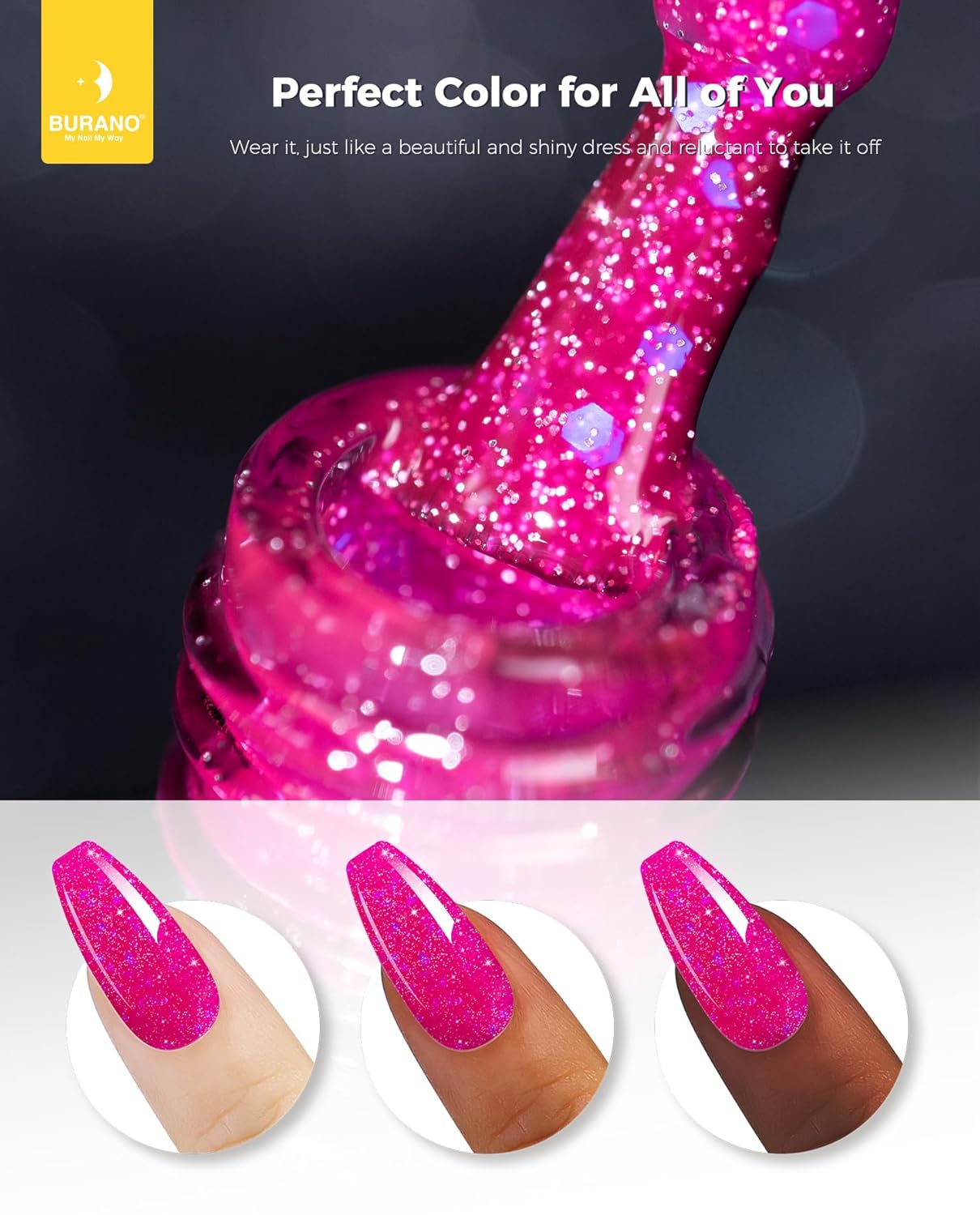 BURANO Esmalte de uñas de gel con purpurina, secado UV LED, efecto holográfico, gel brillante sin astillas, rosa intenso (LP14)