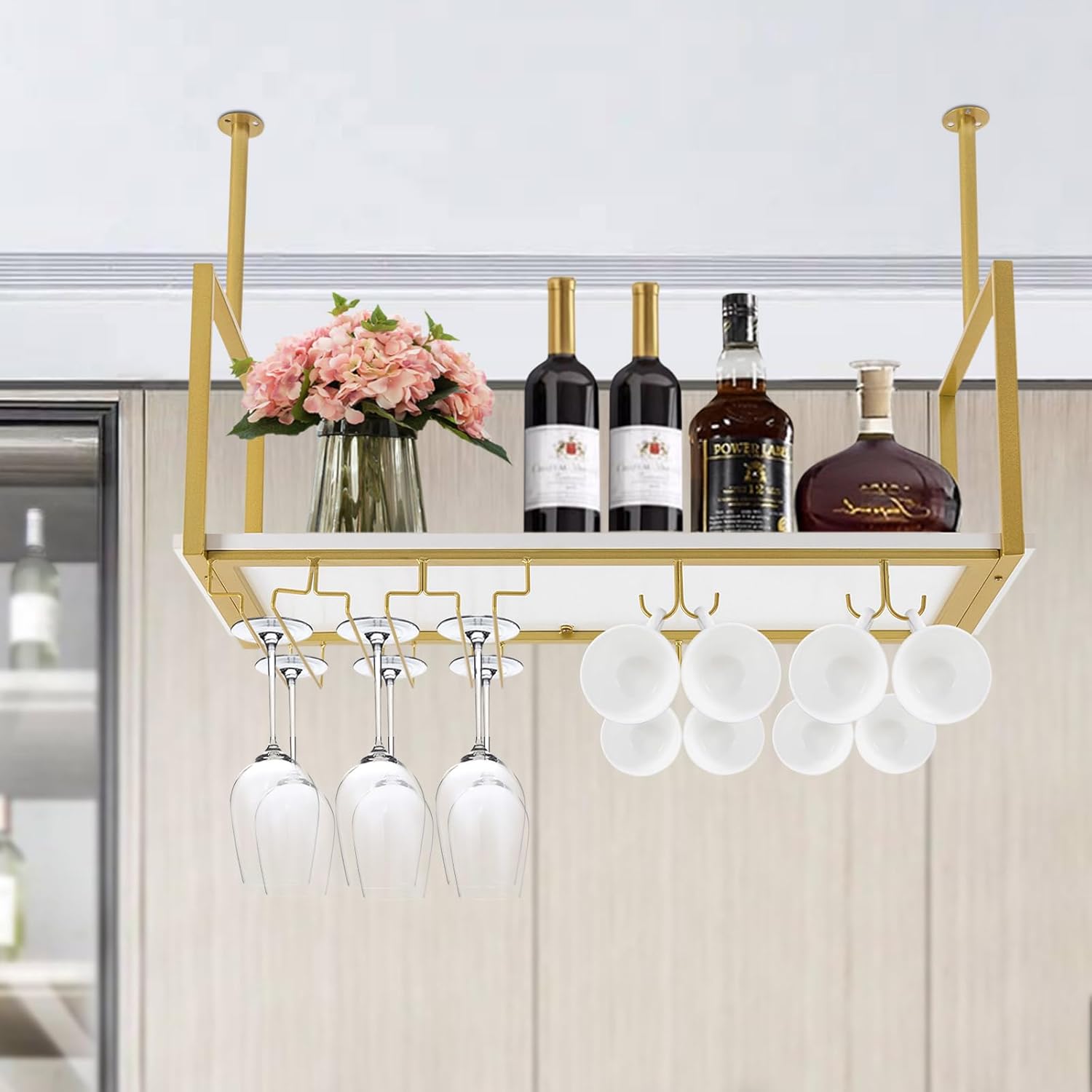 Estante rústico para copas de vino, 31.5 pulgadas, soporte de metal para copas de vino, soporte para tazas y estante, barra de techo de metal para
