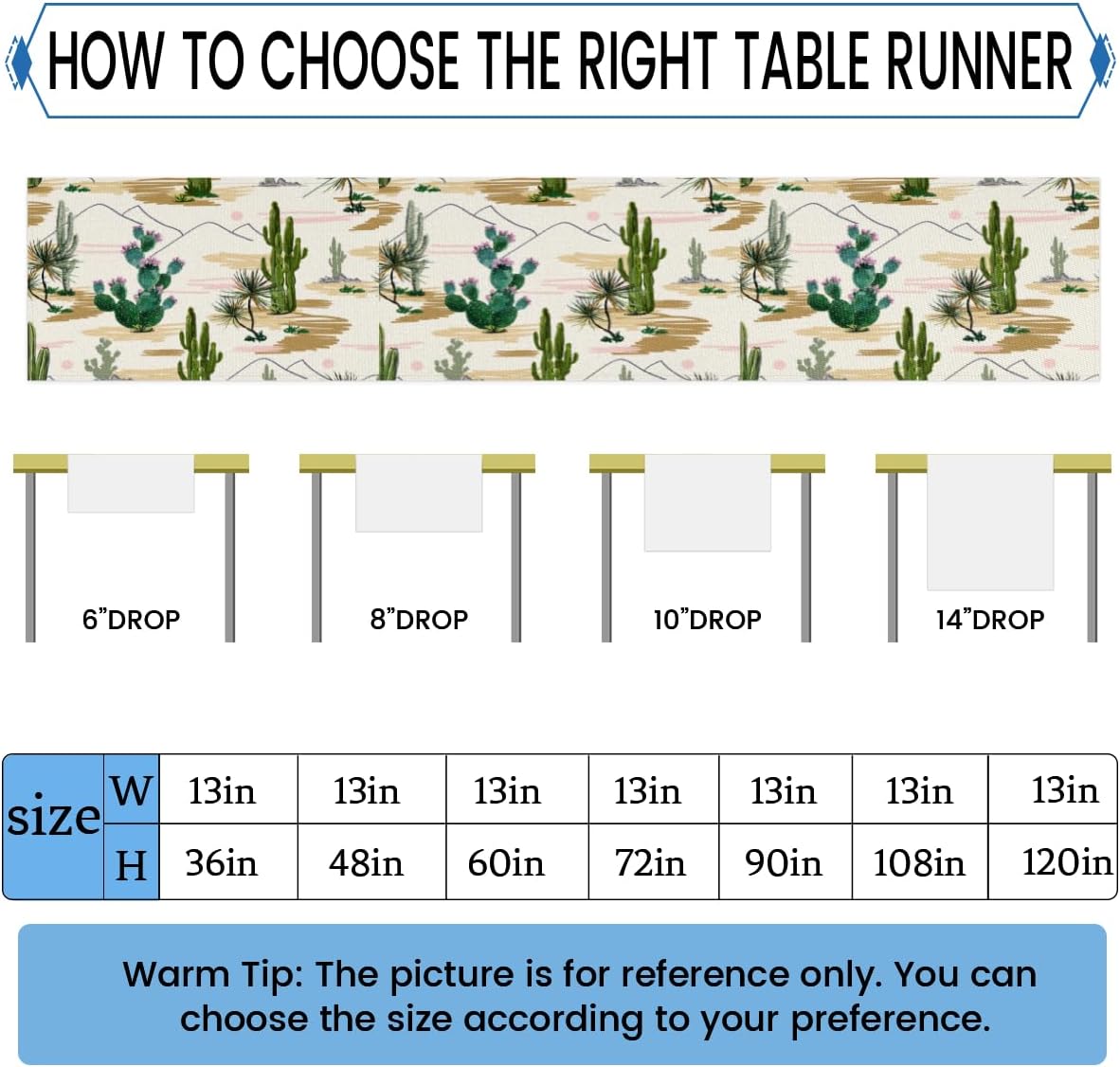 Camino de mesa con cactus de acuarela, mantel de lino rústico para cocina de granja, cena, eventos, fiesta, decoración de mesa de vacaciones, 13 x