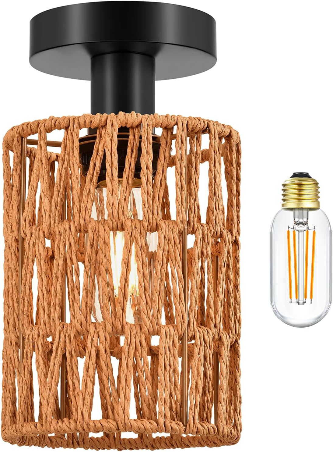 Lámpara de techo estilo bohemio, mini lámpara de araña de ratán con bombilla LED regulable (2700 K), lámparas de techo tejidas a mano para pasillo,