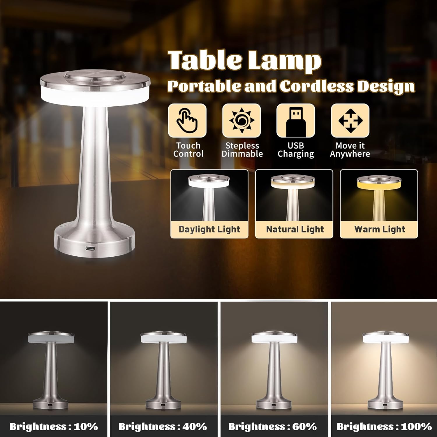Lámpara de escritorio recargable con batería con sensor táctil (2600 mAh), lámpara de mesa LED portátil inalámbrica, regulable de tres niveles,