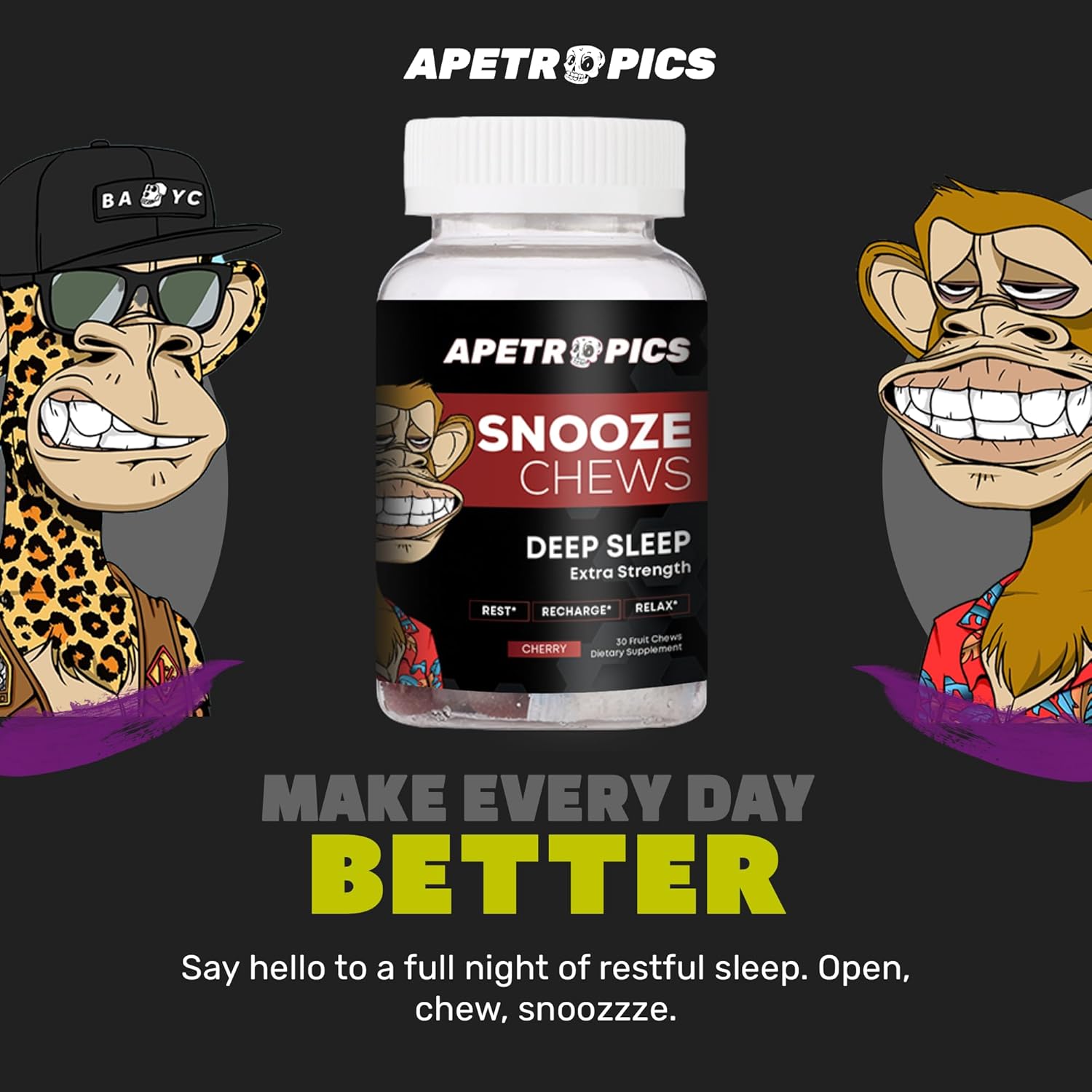 Apetropics Snooze Chews – Gomitas de sueño profundo con L-teanina, manzanilla, melatonina, cereza ácida y magnesio, sabor a cereza, 30 unidades, sin